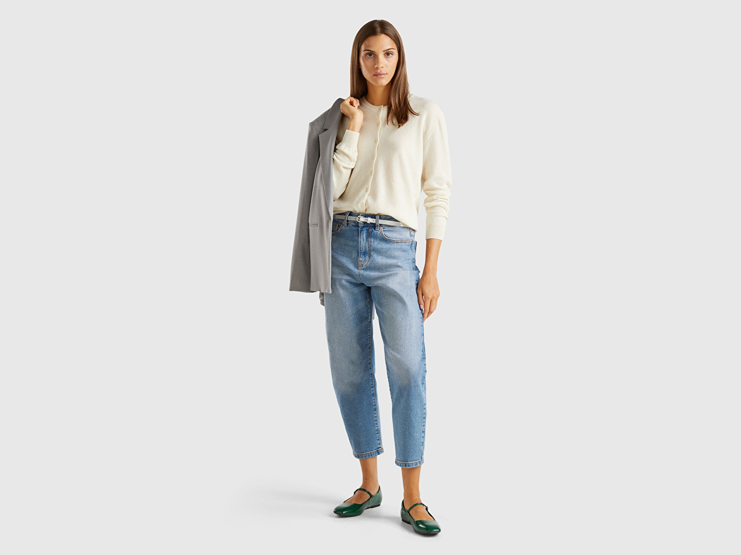 Benetton Kadın Krem Bisiklet Yaka %100 Merino Hırka