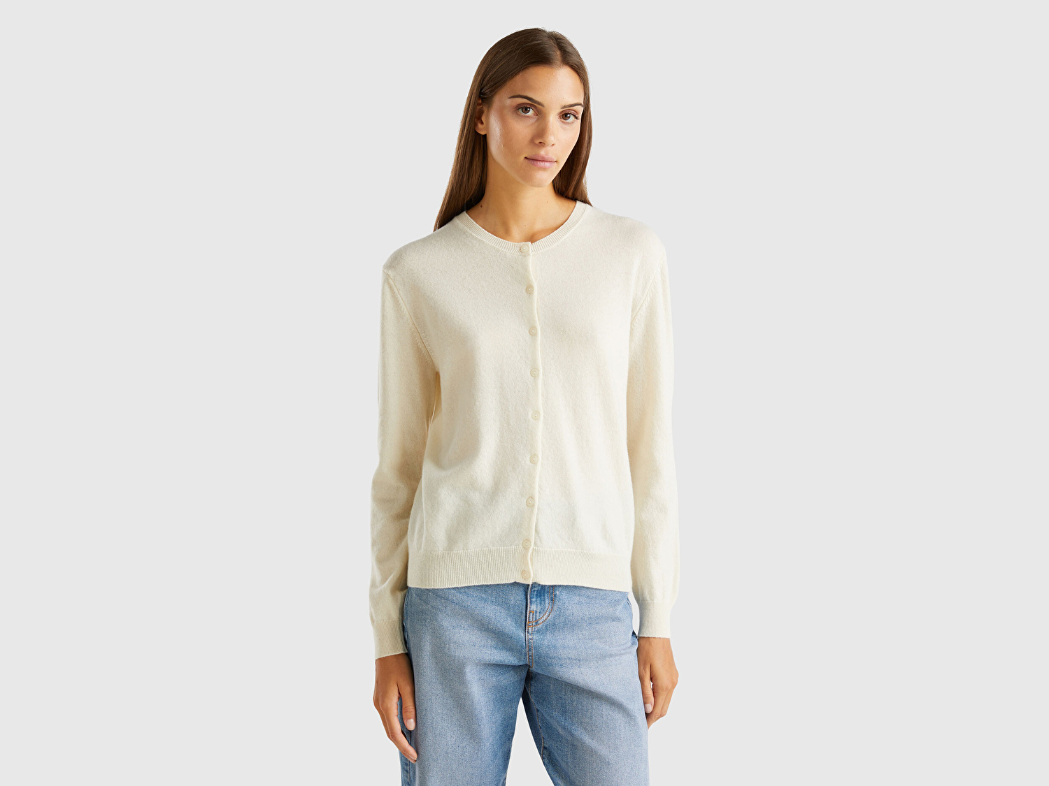 Benetton Kadın Krem Bisiklet Yaka %100 Merino Hırka