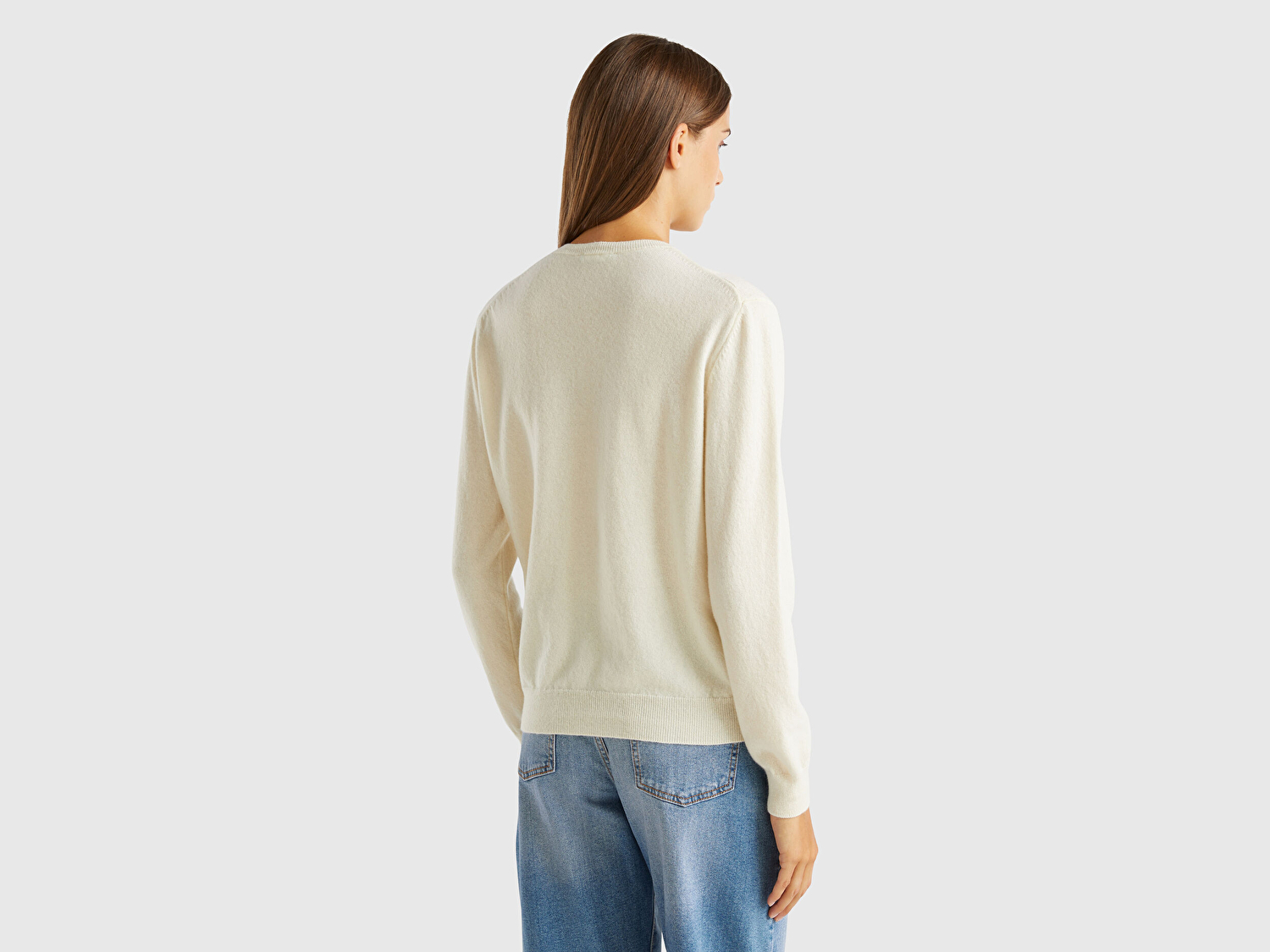 Benetton Kadın Krem Bisiklet Yaka %100 Merino Hırka
