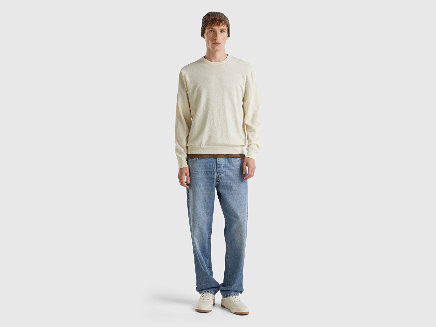 Benetton Erkek Krem Bisiklet Yaka %100 Merino Kazak