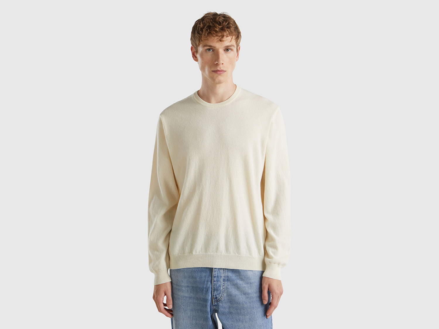 Benetton Erkek Krem Bisiklet Yaka %100 Merino Kazak