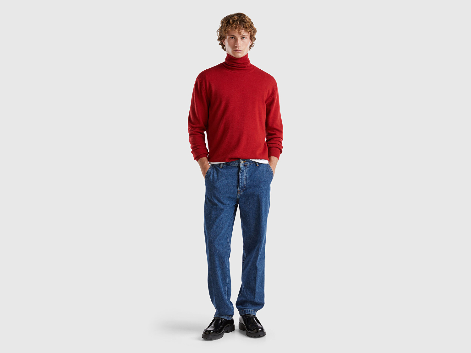 Benetton Erkek Bordo Boğazlı %100 Merino Kazak
