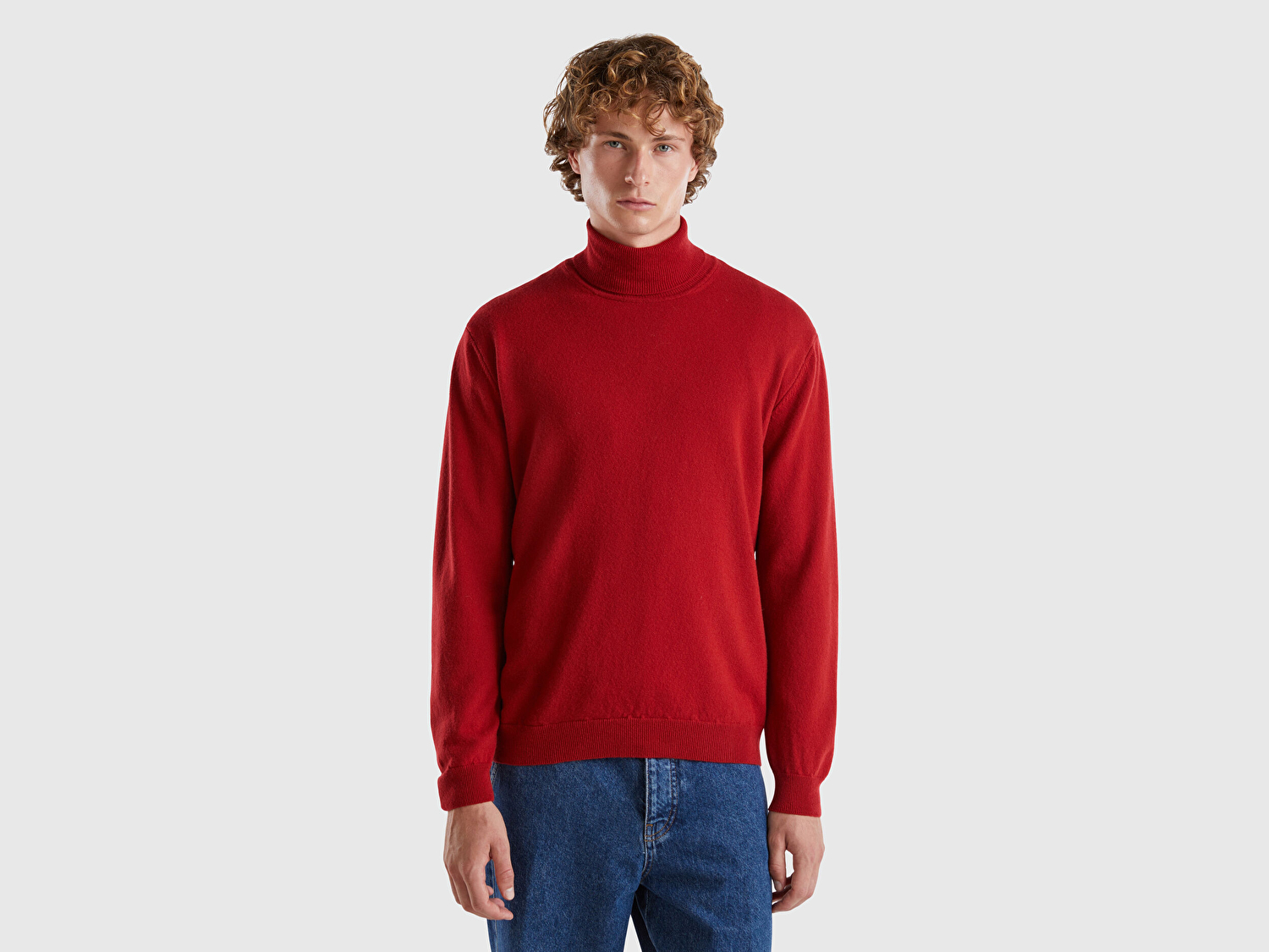 Benetton Erkek Bordo Boğazlı %100 Merino Kazak