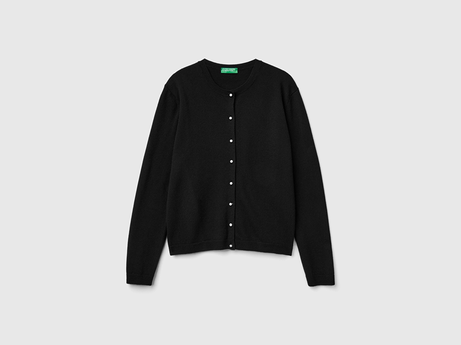 Benetton Kadın Siyah Bisiklet Yaka %İnci Düğmeli Merino Hırka