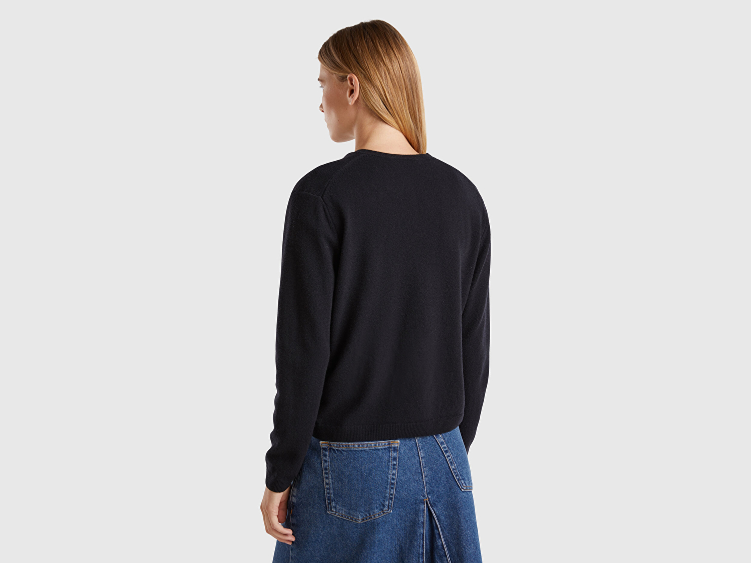 Benetton Kadın Siyah Bisiklet Yaka %İnci Düğmeli Merino Hırka