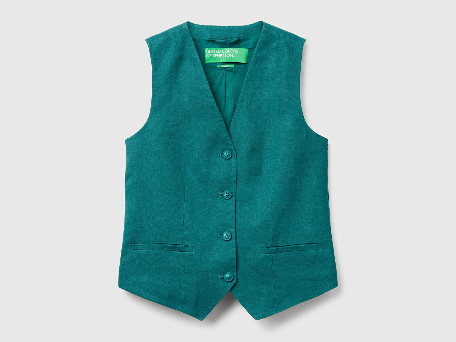 Benetton Kadın Koyu Yeşil %100 Keten Önü Düğme İliklemeli V Yaka Yelek