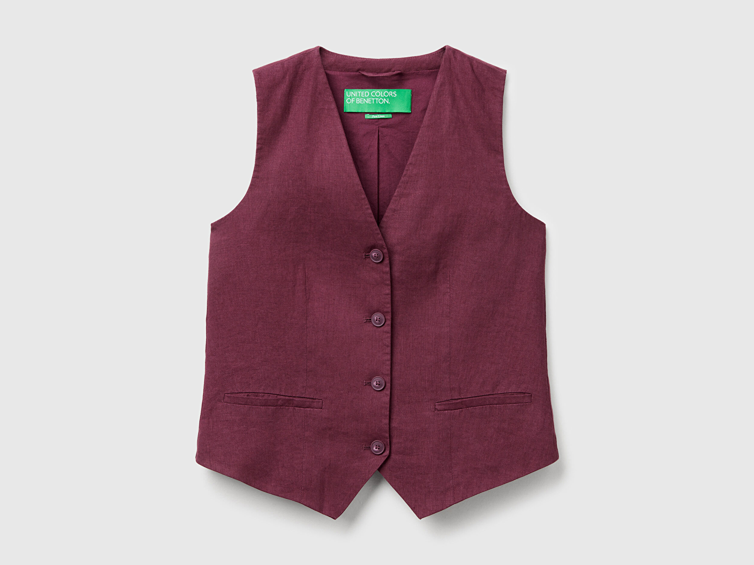 Benetton Kadın Mürdüm %100 Keten Önü Düğme İliklemeli V Yaka Yelek