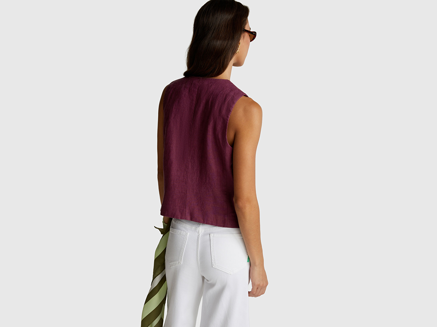 Benetton Kadın Mürdüm %100 Keten Önü Düğme İliklemeli V Yaka Yelek