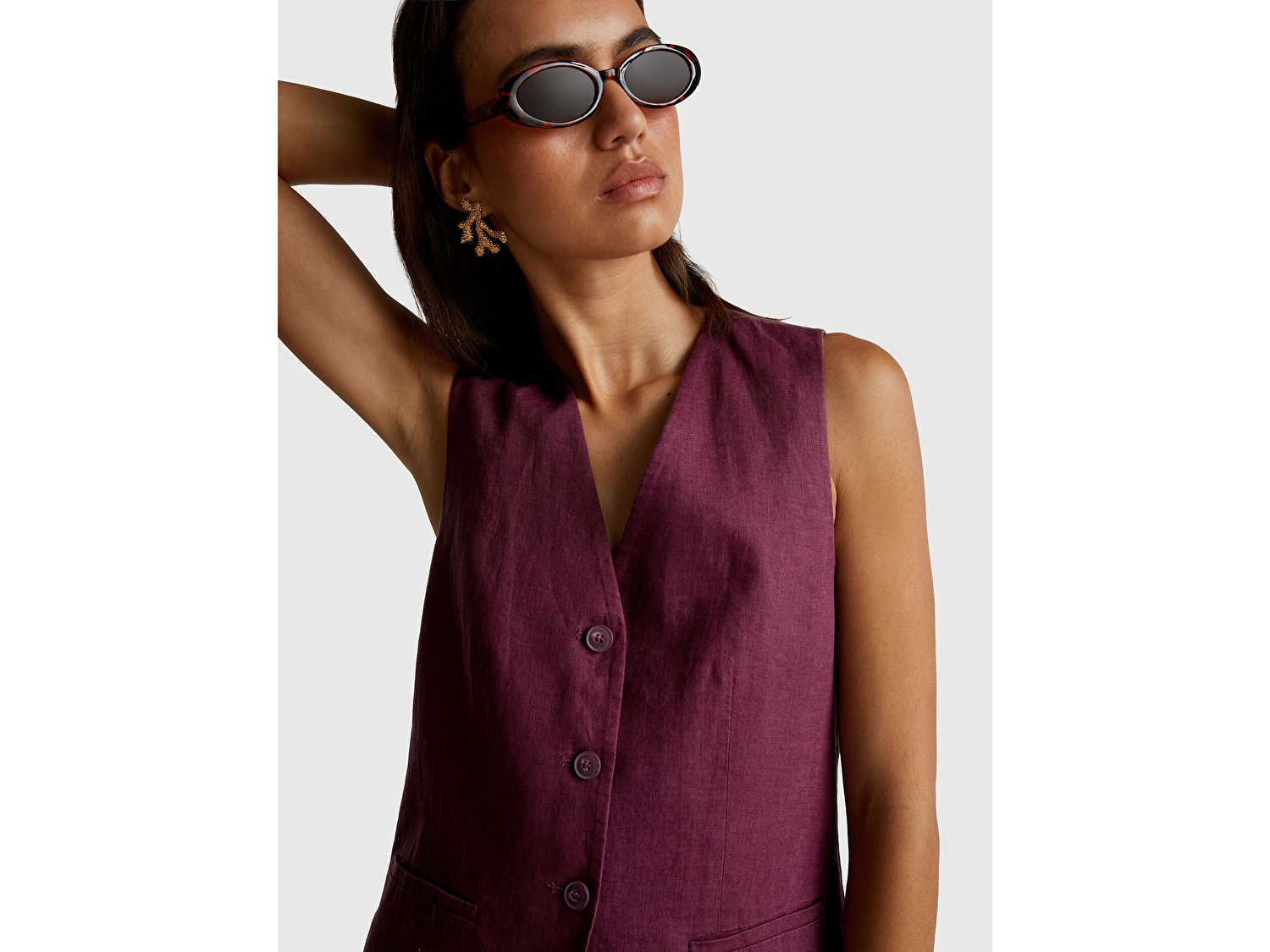 Benetton Kadın Mürdüm %100 Keten Önü Düğme İliklemeli V Yaka Yelek