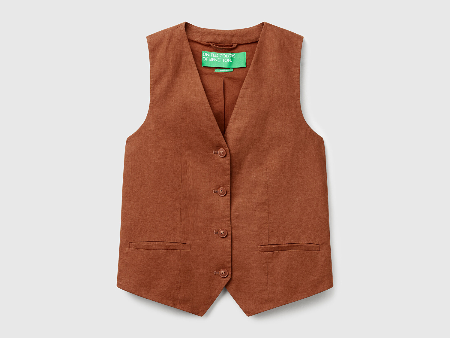 Benetton Kadın Kahverengi %100 Keten Önü Düğme İliklemeli V Yaka Yelek