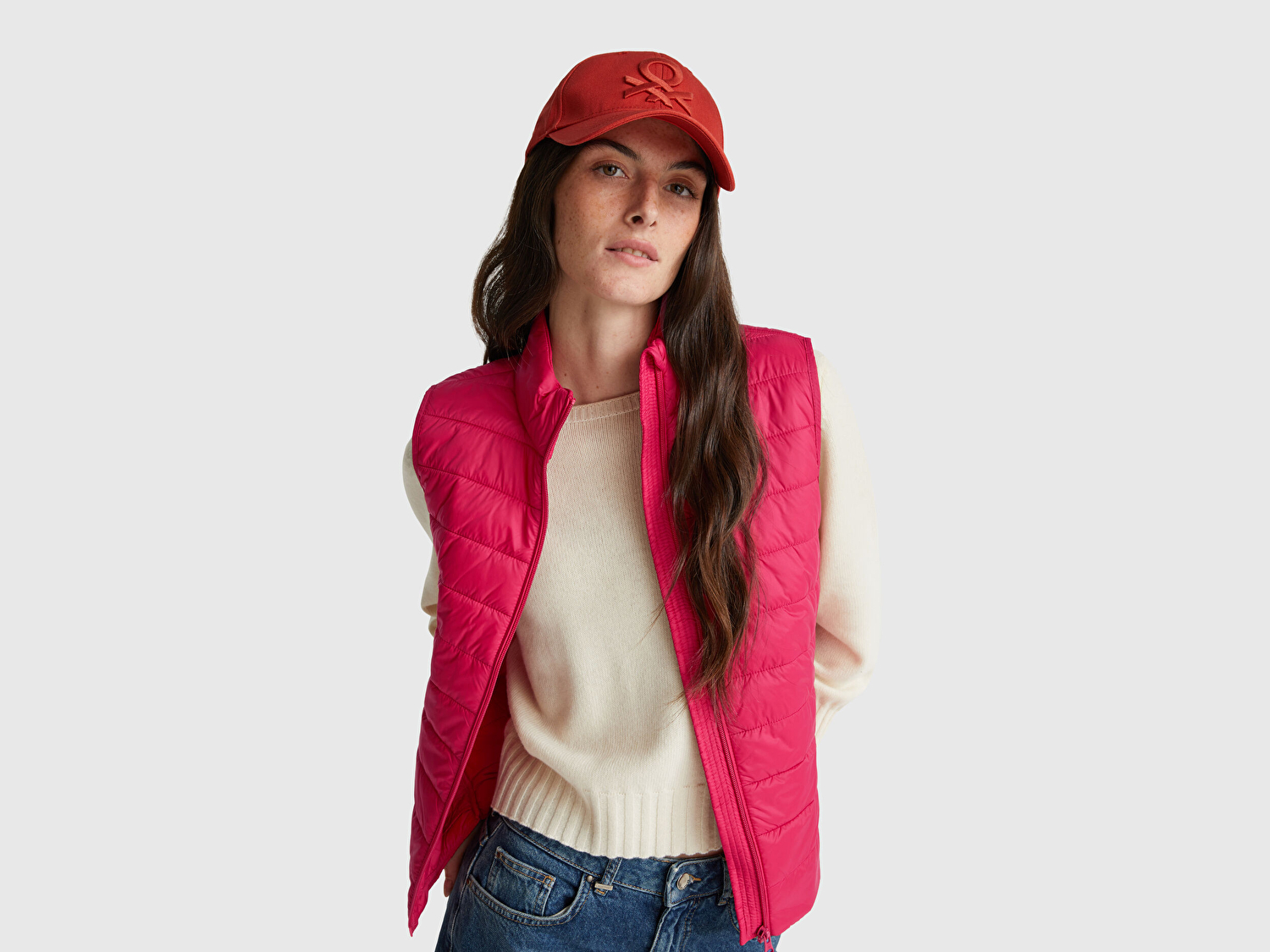 Benetton Kadın Fuşya Polyester Dolgulu Fermuarlı Slim Fit Pufa Yelek