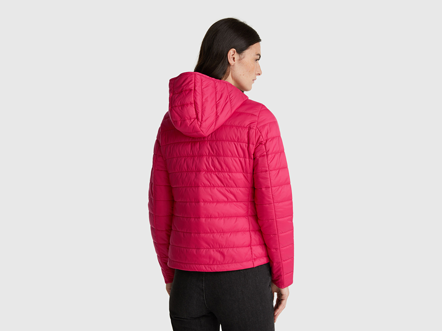 Benetton Kadın Fuşya Polyester Dolgulu Feramuarlı Kapüşonlu Slim Fit Puffer Mont