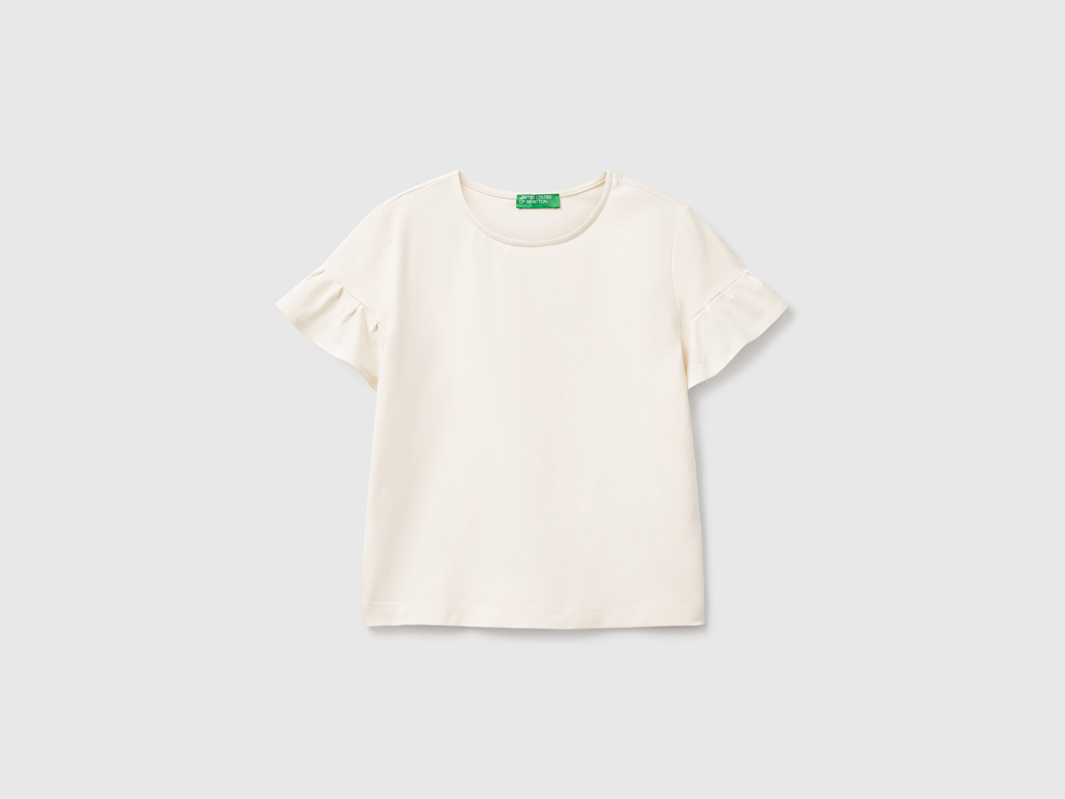 Benetton Kadın Krem Koton Karışımlı Kolları Fırfır Detaylı T-Shirt