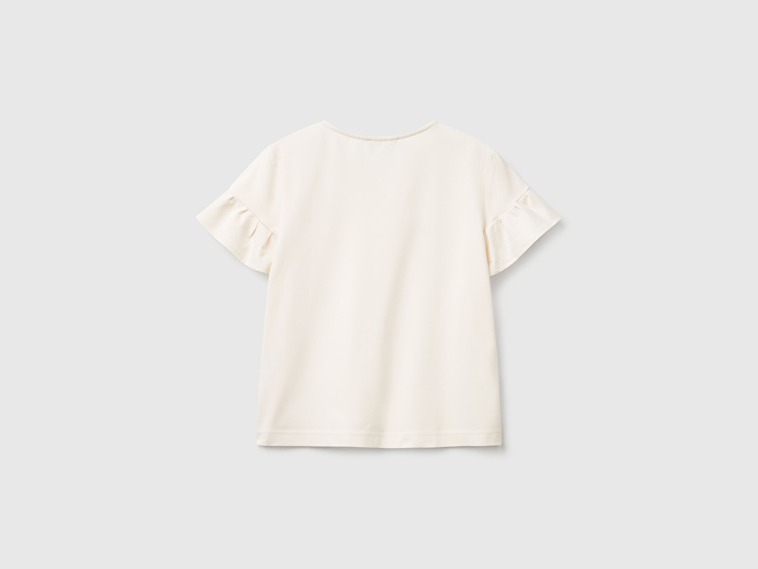 Benetton Kadın Krem Koton Karışımlı Kolları Fırfır Detaylı T-Shirt