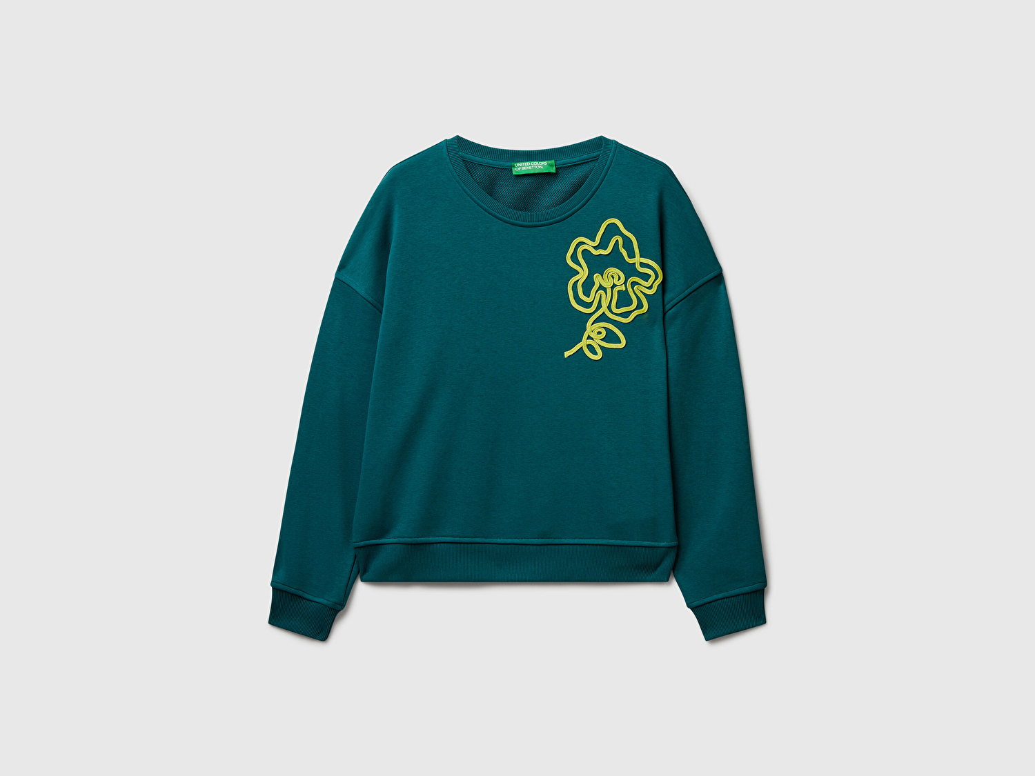 Benetton Kadın Koyu Yeşil Koton Karışımlı  Çiçek Motifli Sweatshirt
