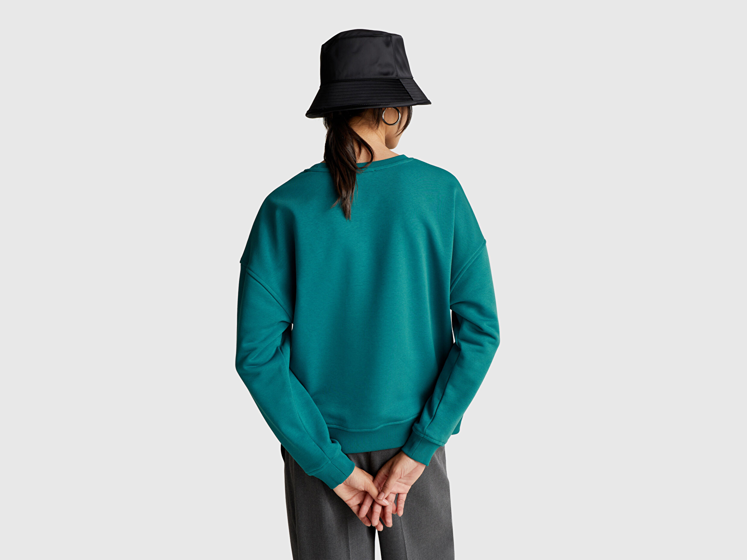 Benetton Kadın Koyu Yeşil Koton Karışımlı  Çiçek Motifli Sweatshirt