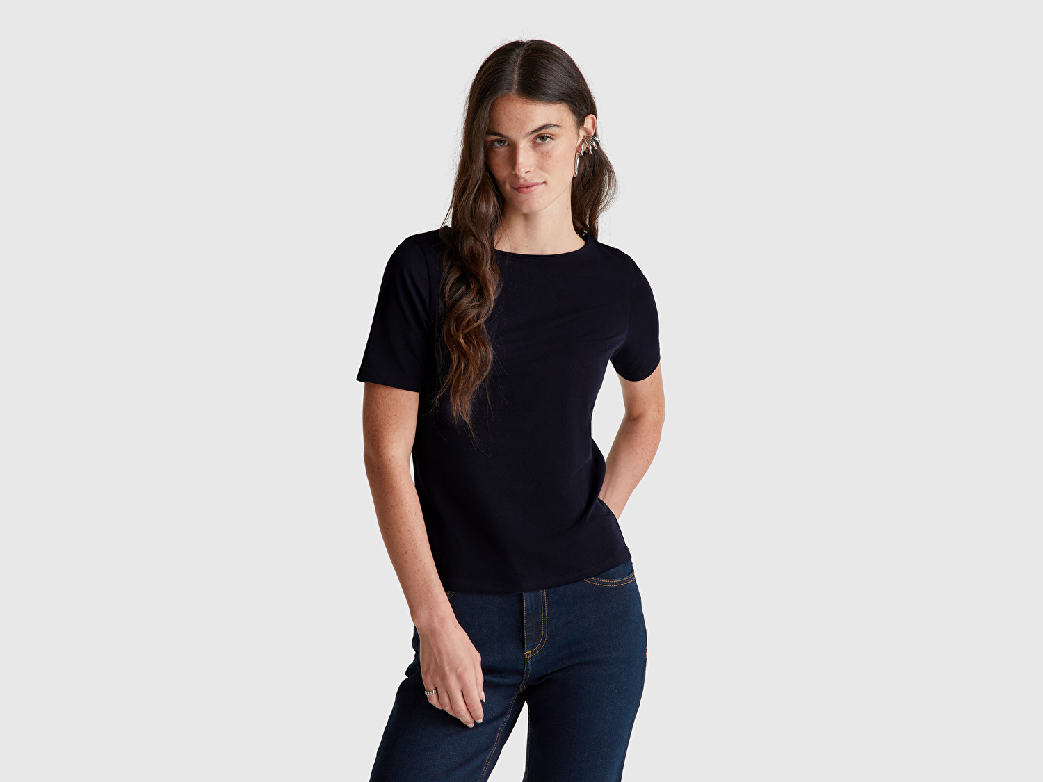 Benetton Kadın Lacivert Pamuk Karışımlı Örme Slim Fit Geniş Yaka T-Shirt