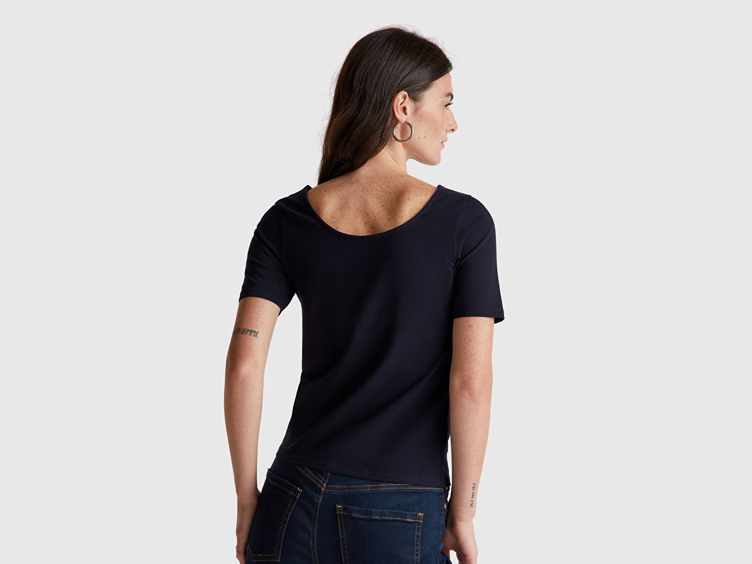 Benetton Kadın Lacivert Pamuk Karışımlı Örme Slim Fit Geniş Yaka T-Shirt