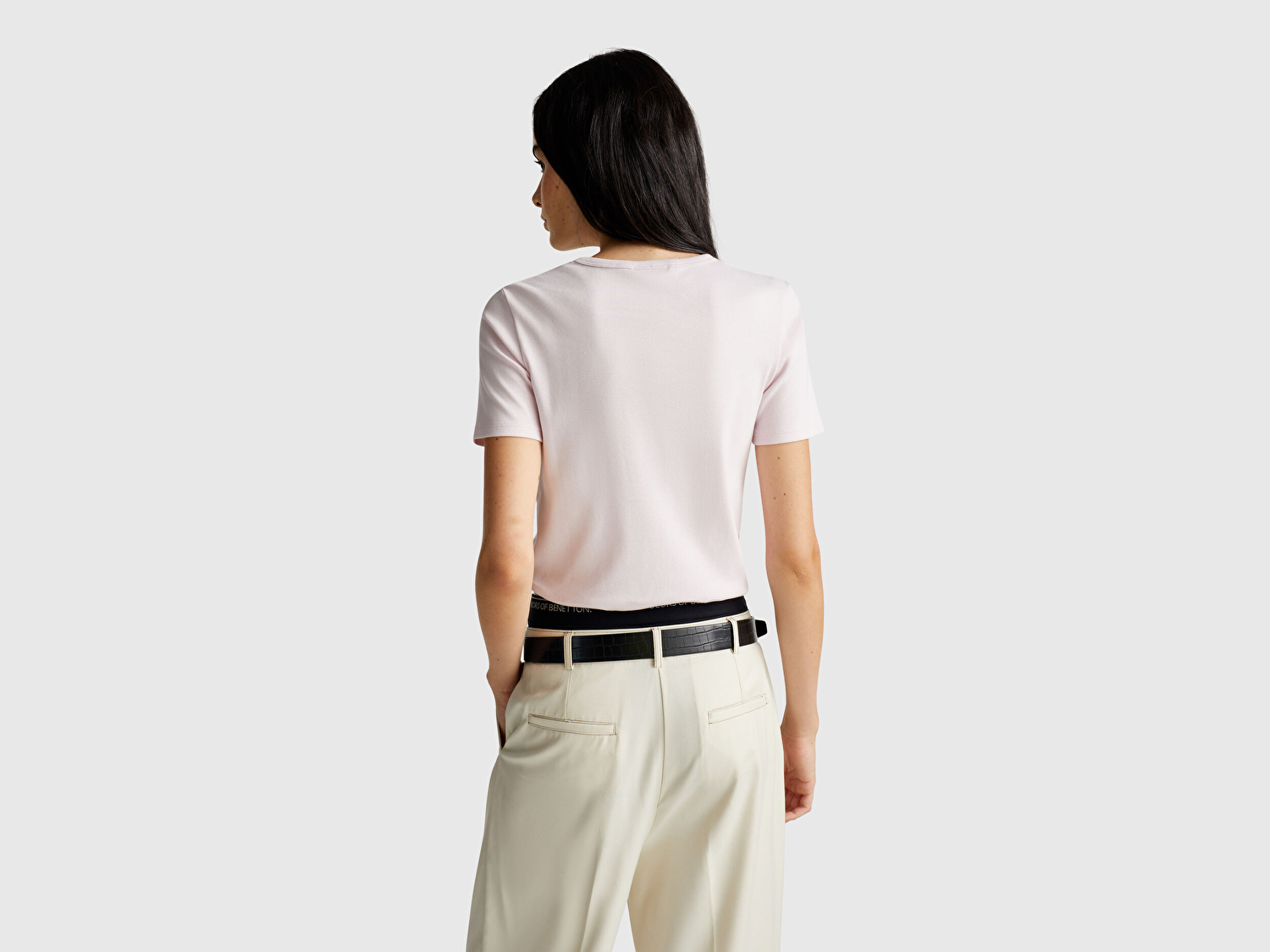 Benetton Kadın Açık Pembe %100 Koton Basic Kısa Kollu Bisiklet Yaka T-Shirt