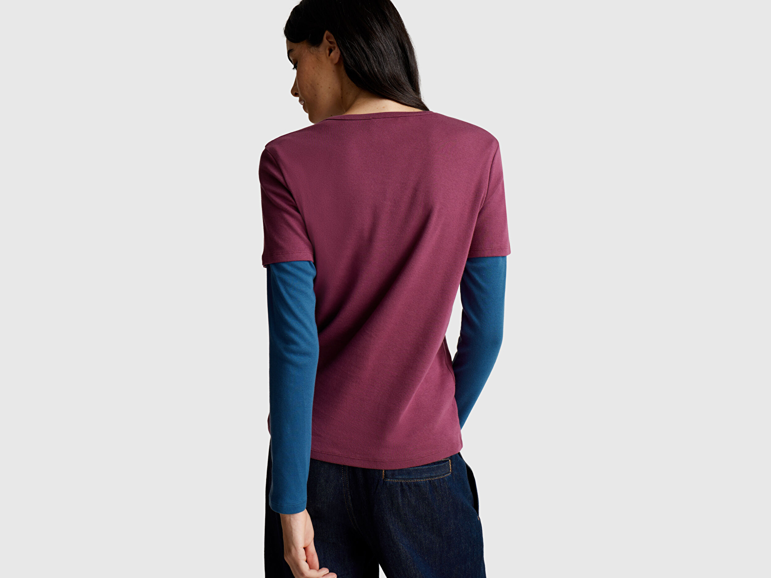 Benetton Kadın Mürdüm %100 Koton Basic Kısa Kollu Bisiklet Yaka T-Shirt