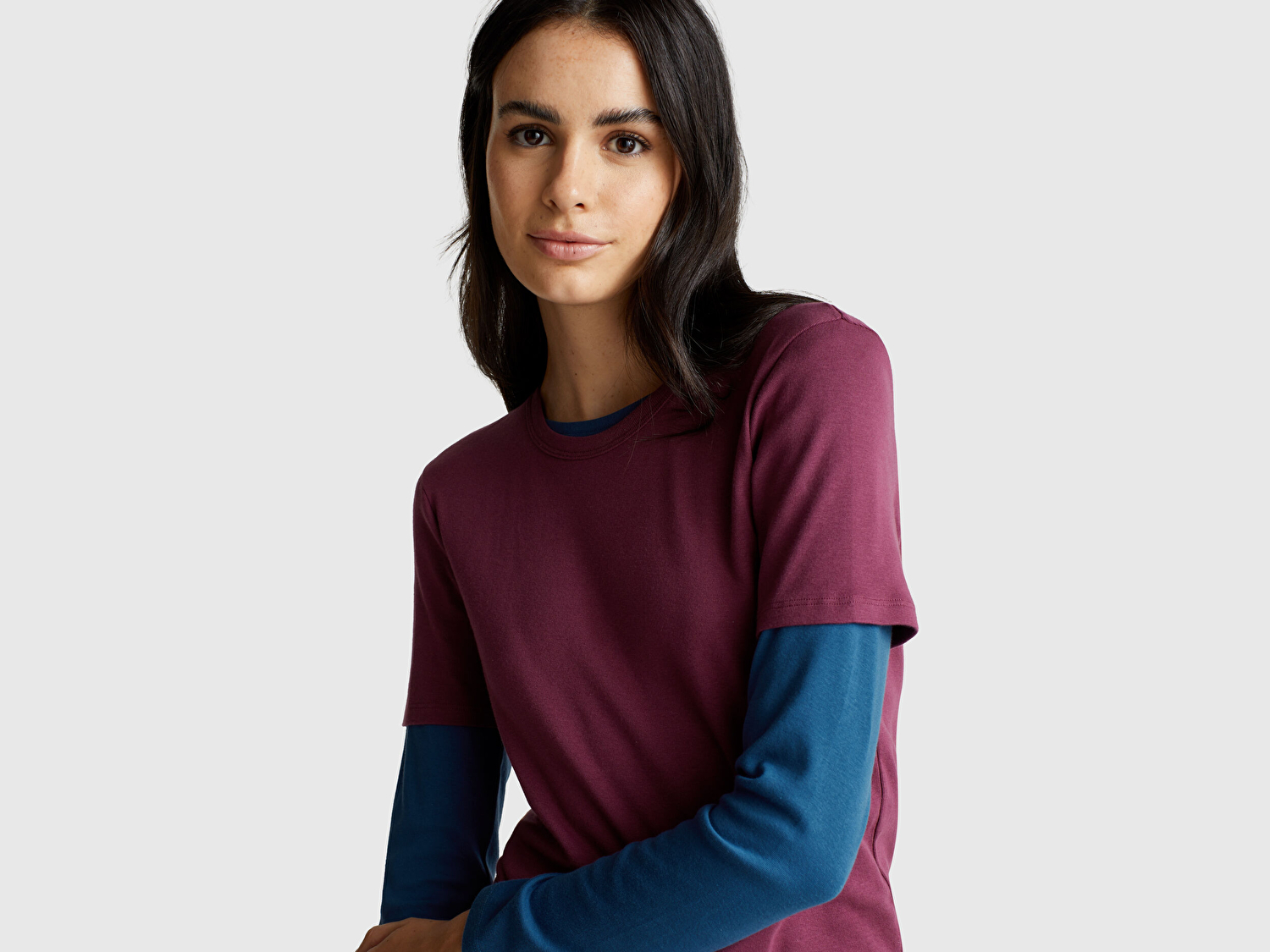 Benetton Kadın Mürdüm %100 Koton Basic Kısa Kollu Bisiklet Yaka T-Shirt