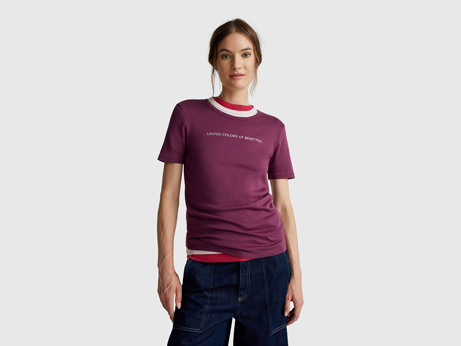 Kadın Mürdüm %100 Koton Benetton Yazılı Basic T-Shirt