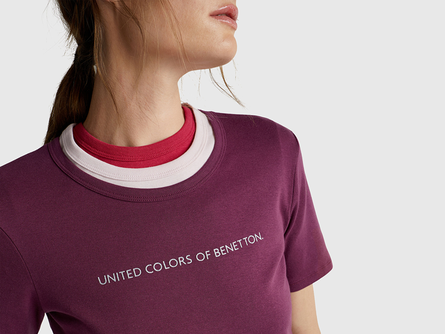 Kadın Mürdüm %100 Koton Benetton Yazılı Basic T-Shirt
