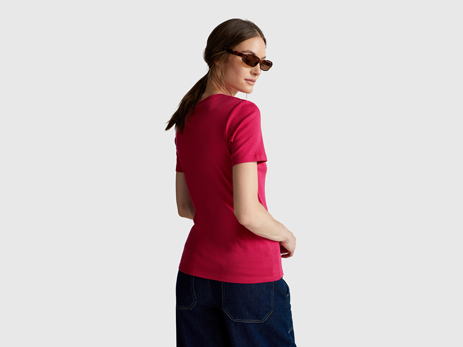 Benetton Kadın Fuşya %100 Koton Benetton Yazılı Basic T-Shirt