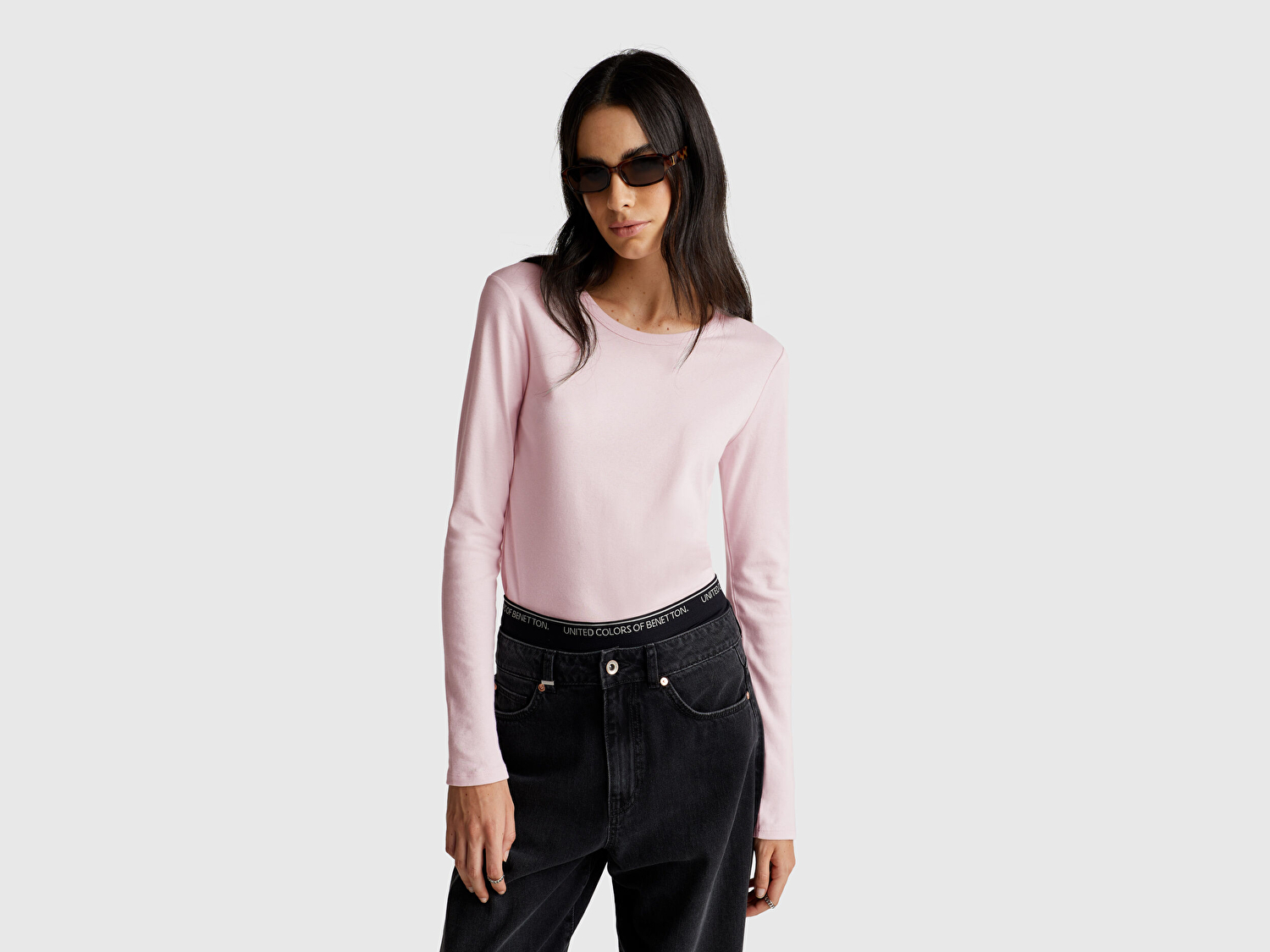 Benetton Kadın Açık Pembe Basic Bisiklet Yaka Uzun Kollu T-Shirt