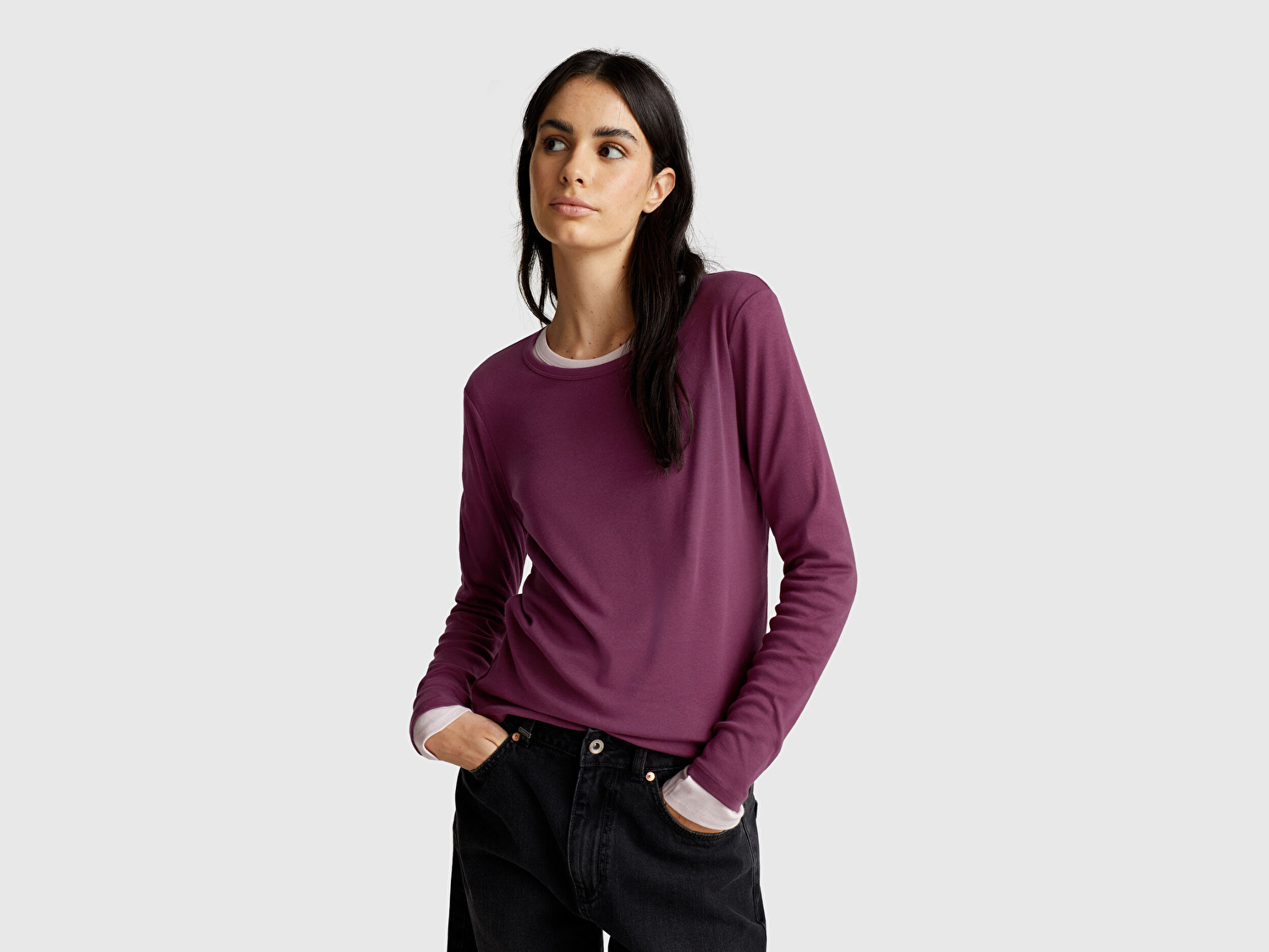 Kadın Mürdüm Basic Bisiklet Yaka Uzun Kollu T-Shirt