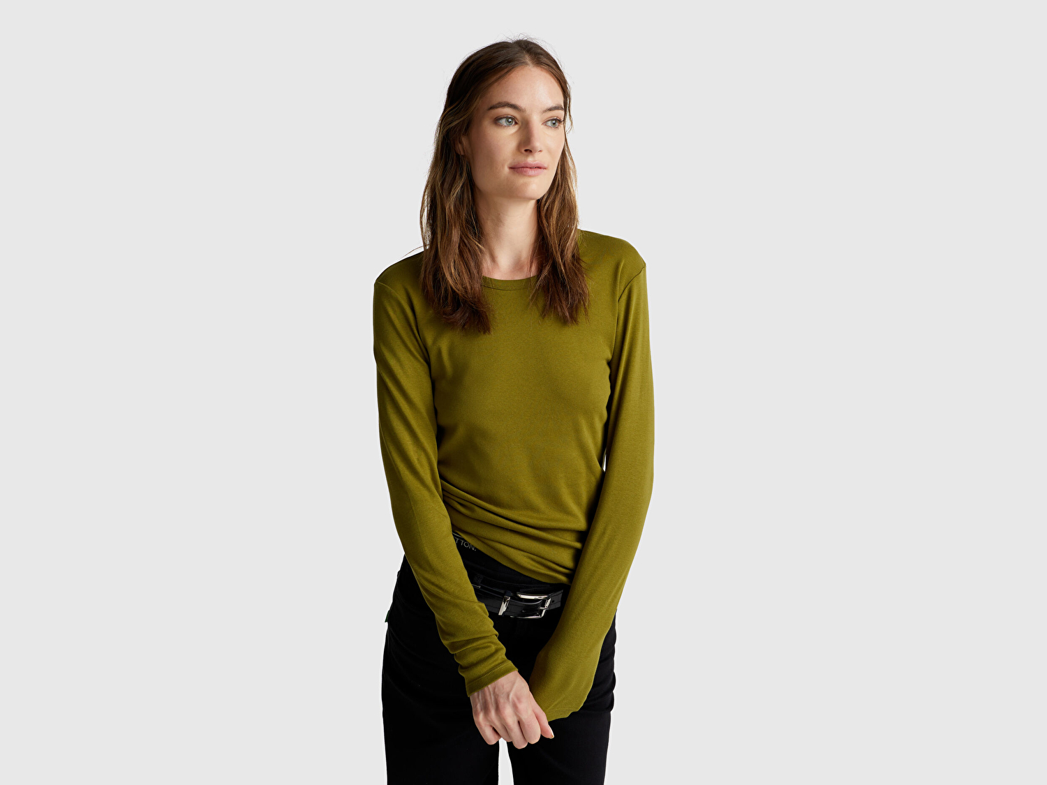 Benetton Kadın Haki Yeşili Basic Bisiklet Yaka Uzun Kollu T-Shirt