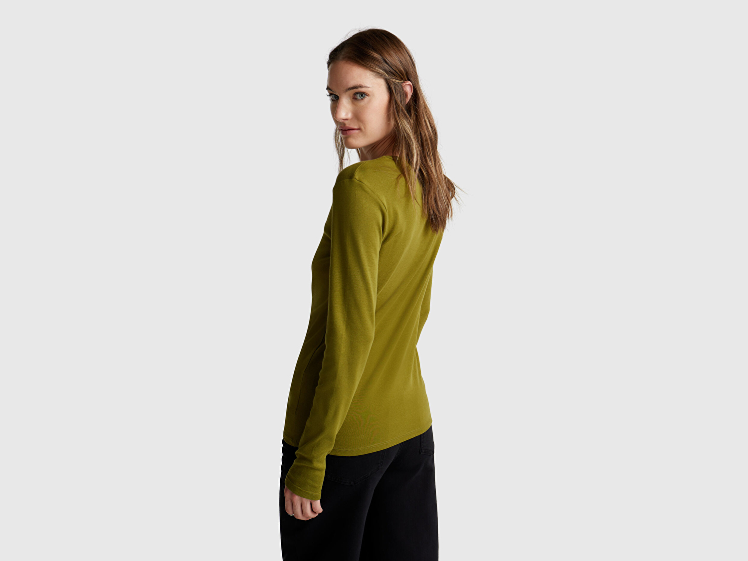 Benetton Kadın Haki Yeşili Basic Bisiklet Yaka Uzun Kollu T-Shirt