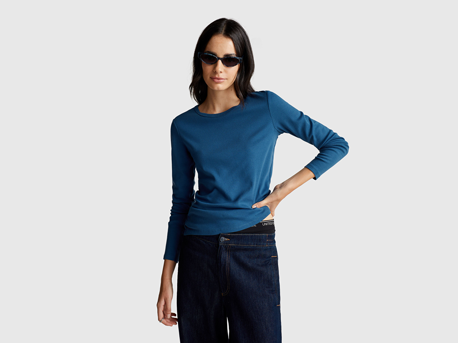 Benetton Kadın İndigo Mavisi Basic Bisiklet Yaka Uzun Kollu T-Shirt