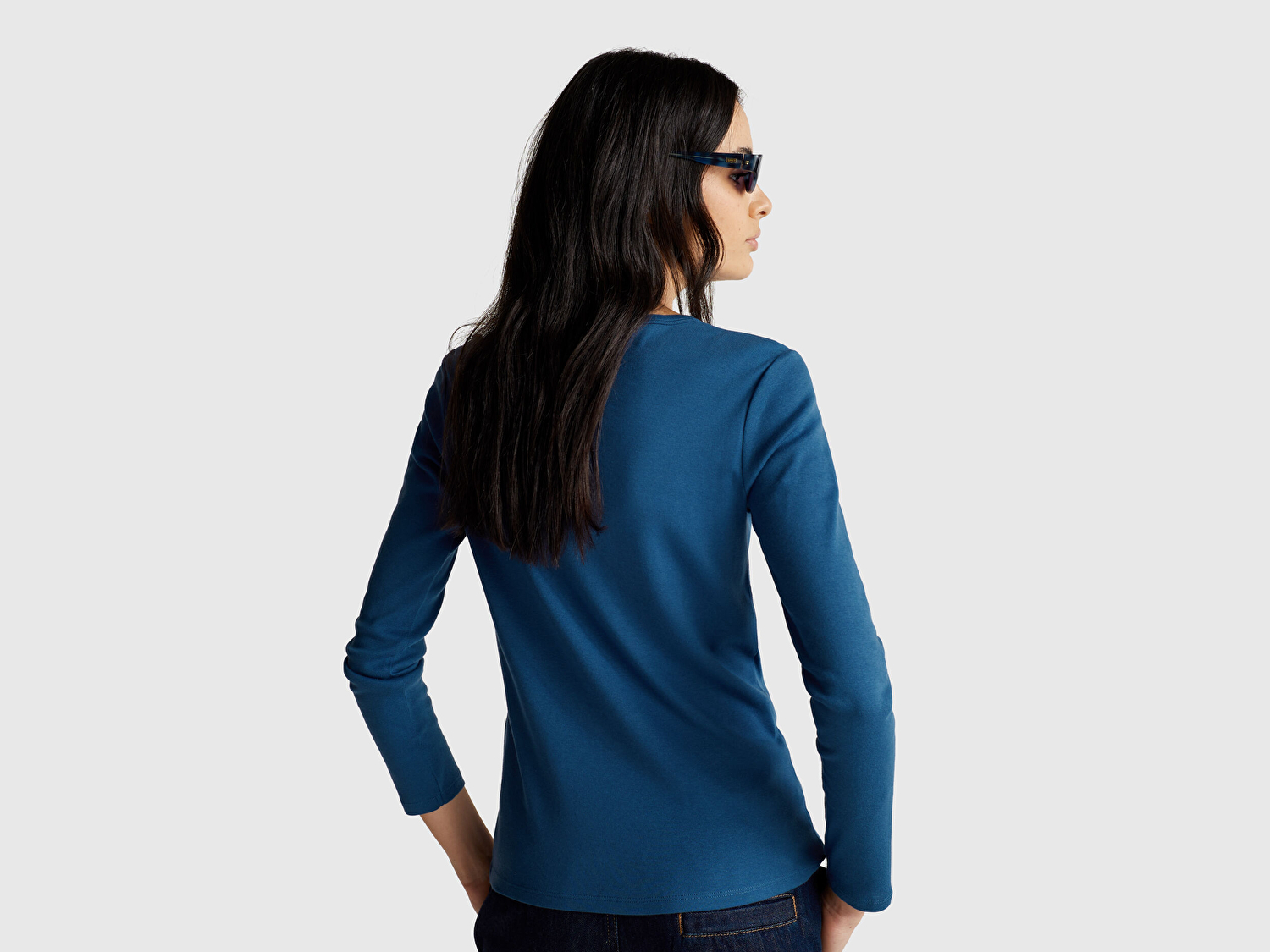 Benetton Kadın İndigo Mavisi Basic Bisiklet Yaka Uzun Kollu T-Shirt