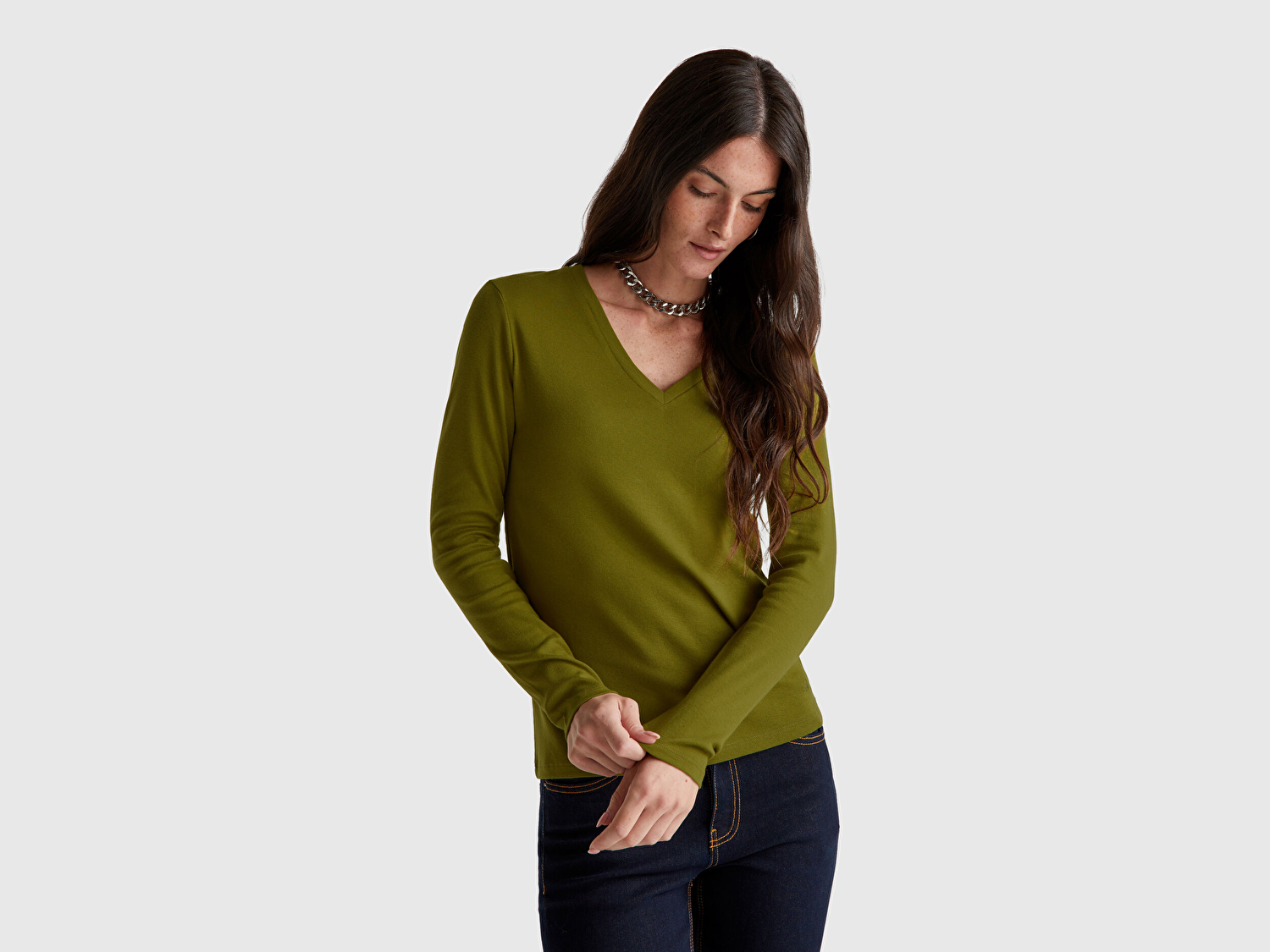 Benetton Kadın Haki Yeşili Basic V Yaka Uzun Kollu T-Shirt