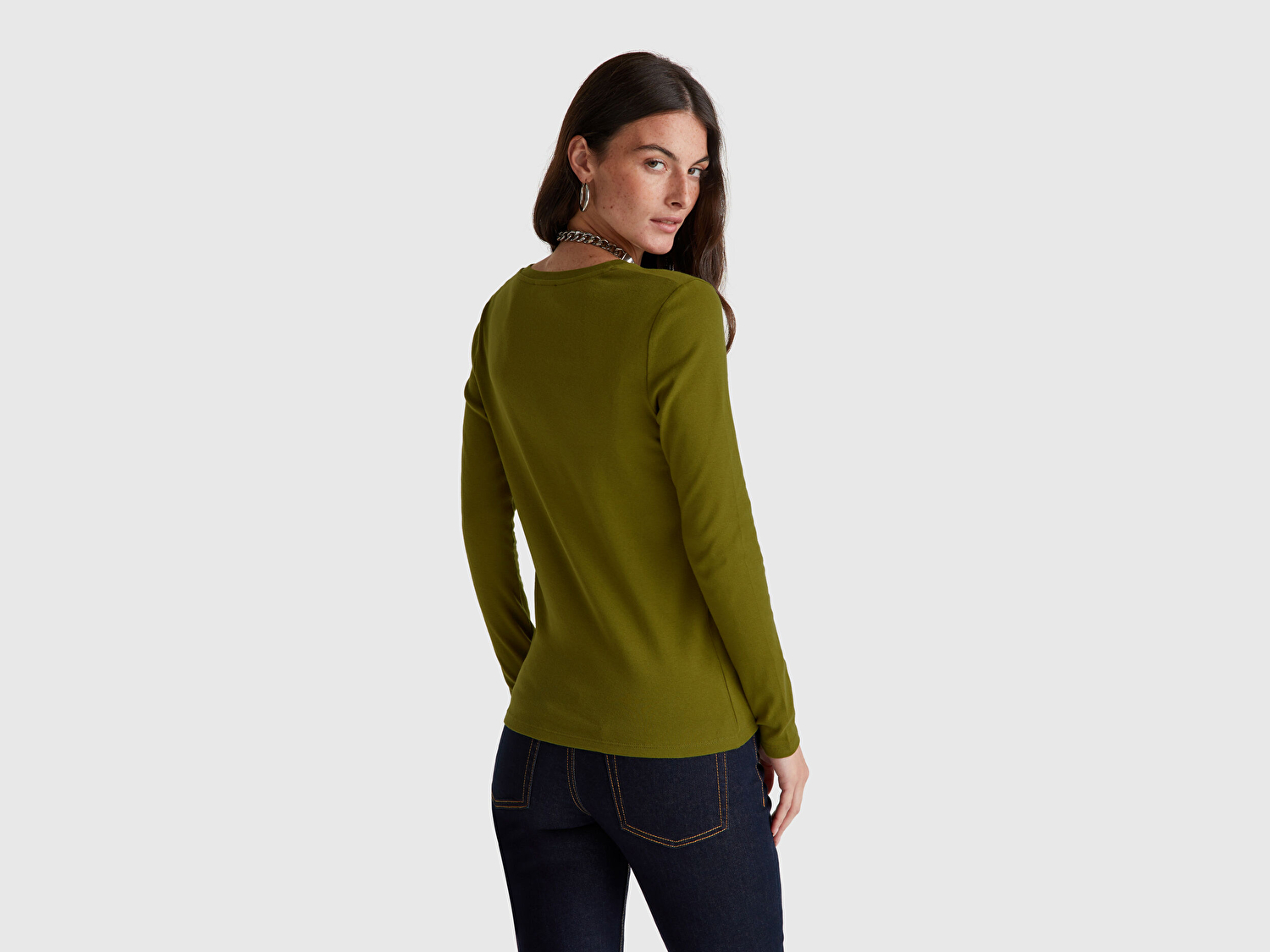 Benetton Kadın Haki Yeşili Basic V Yaka Uzun Kollu T-Shirt