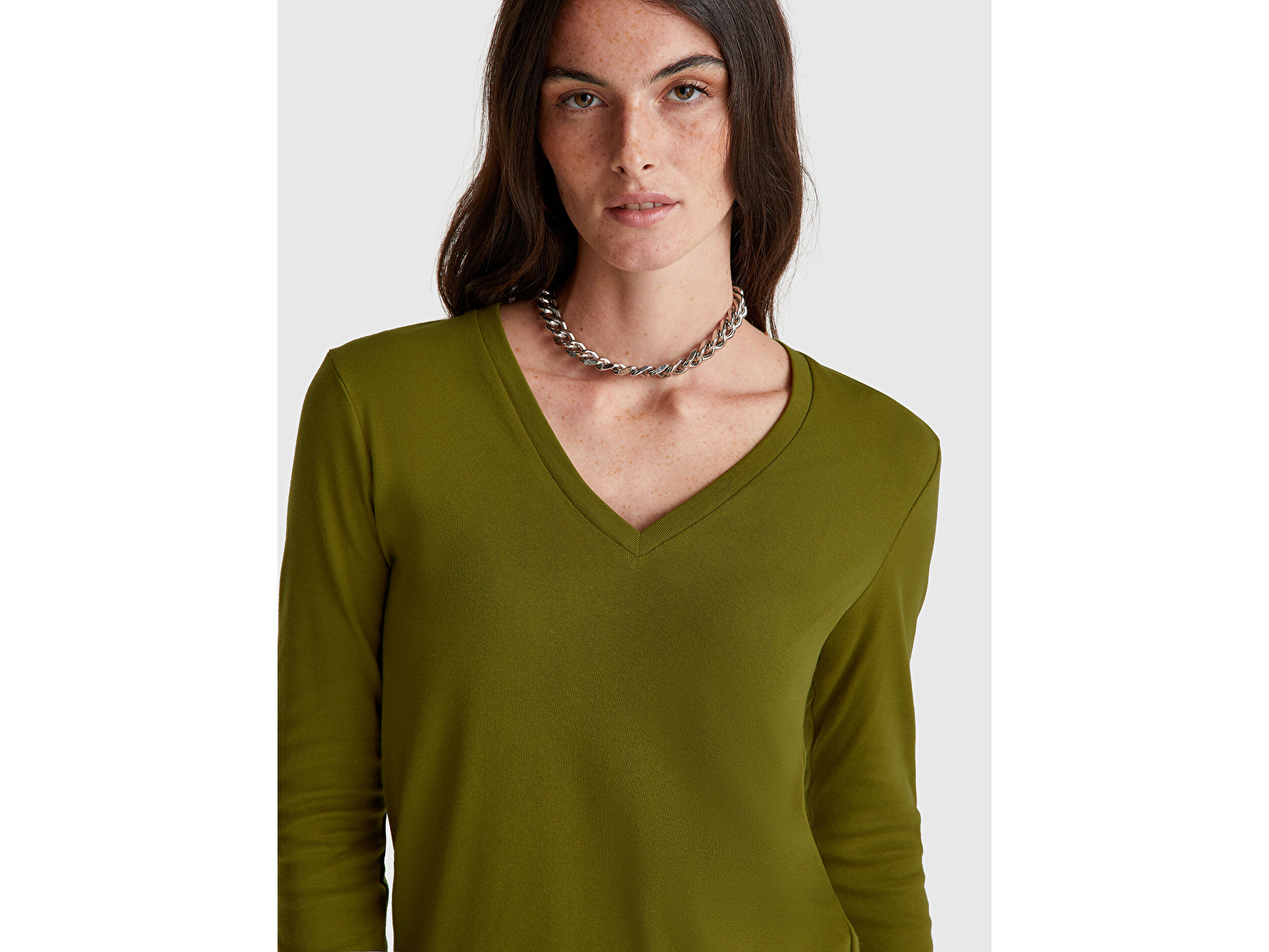 Benetton Kadın Haki Yeşili Basic V Yaka Uzun Kollu T-Shirt