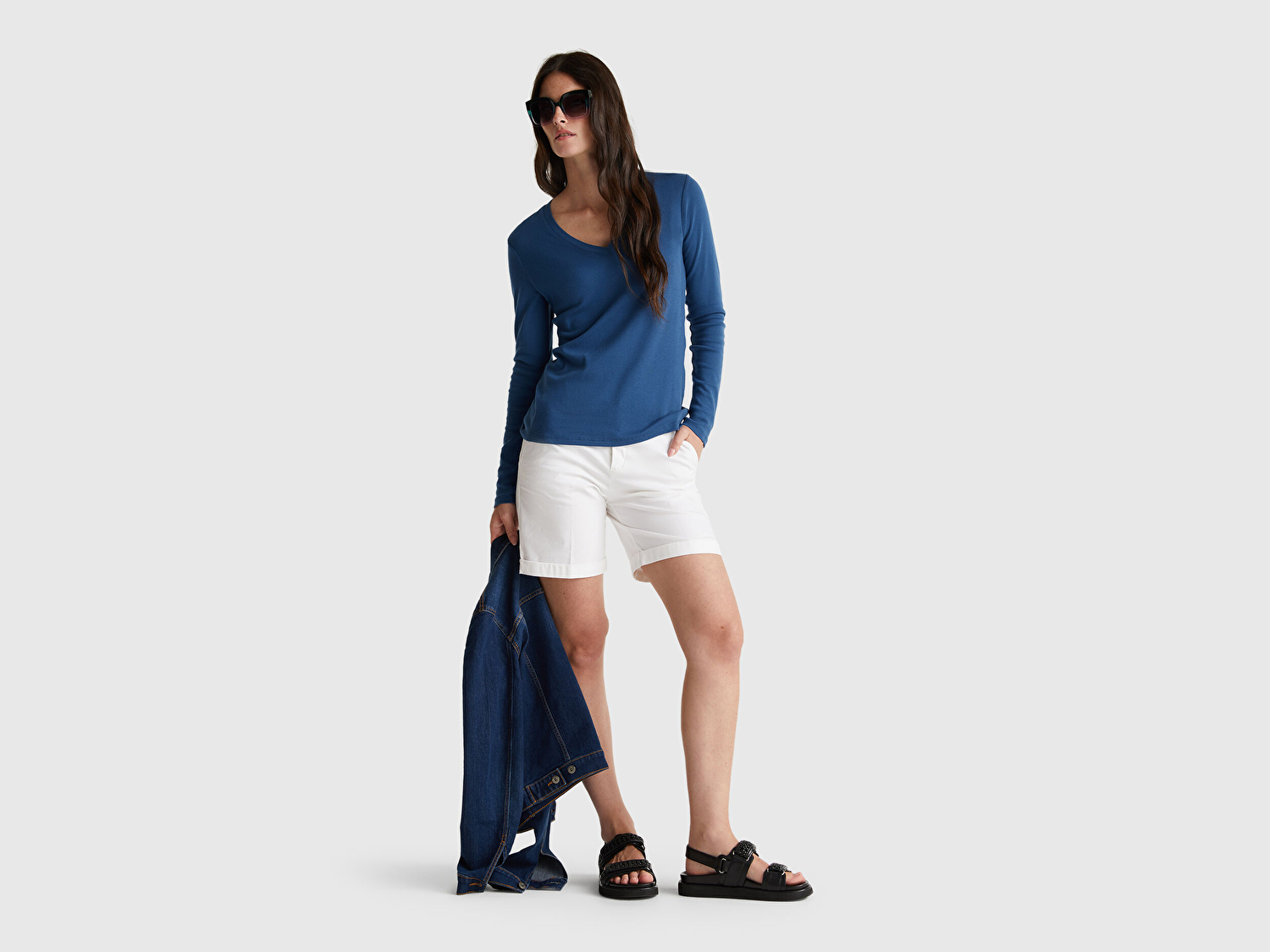 Benetton Kadın İndigo Mavisi Basic V Yaka Uzun Kollu T-Shirt