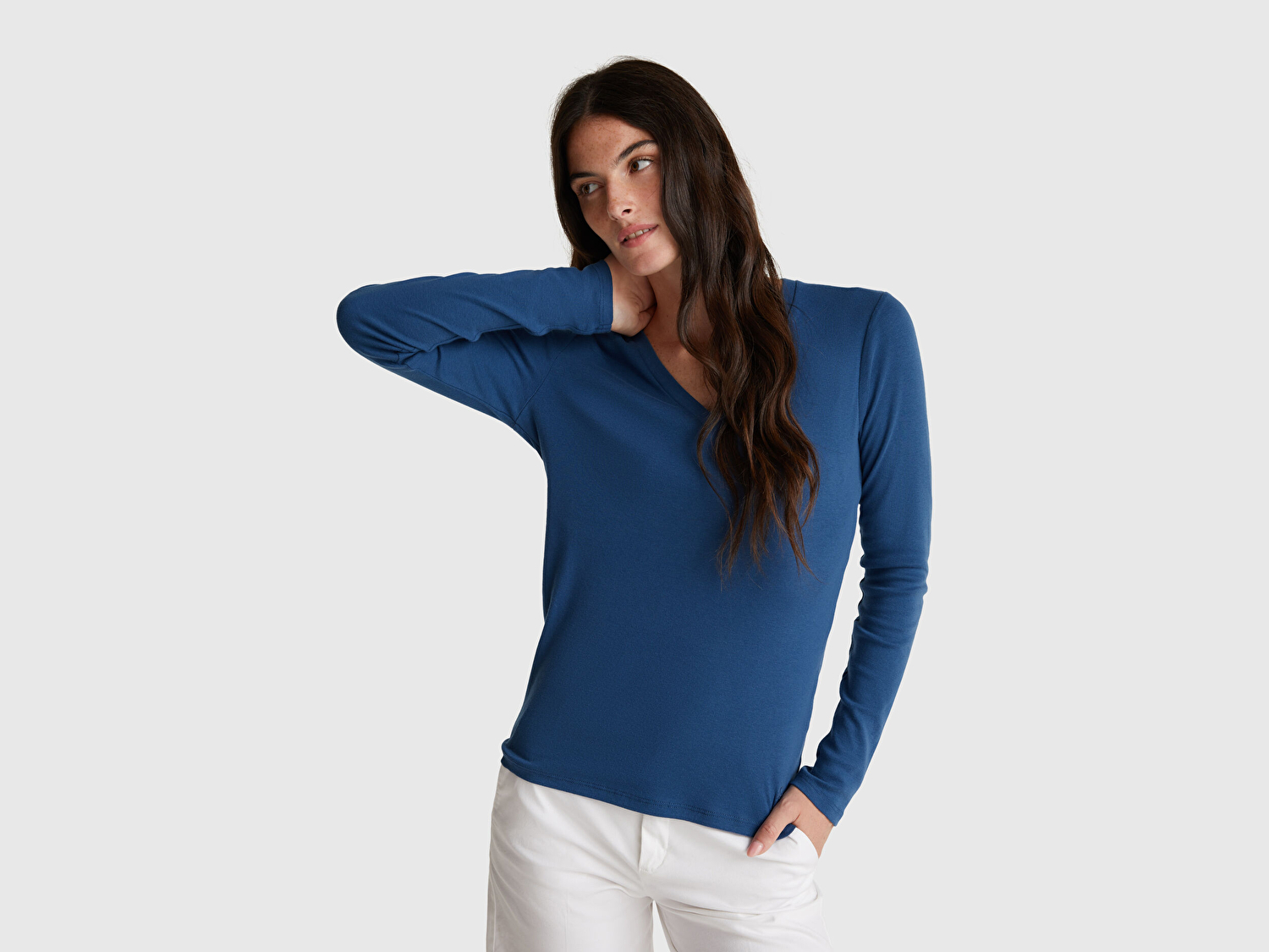 Benetton Kadın İndigo Mavisi Basic V Yaka Uzun Kollu T-Shirt