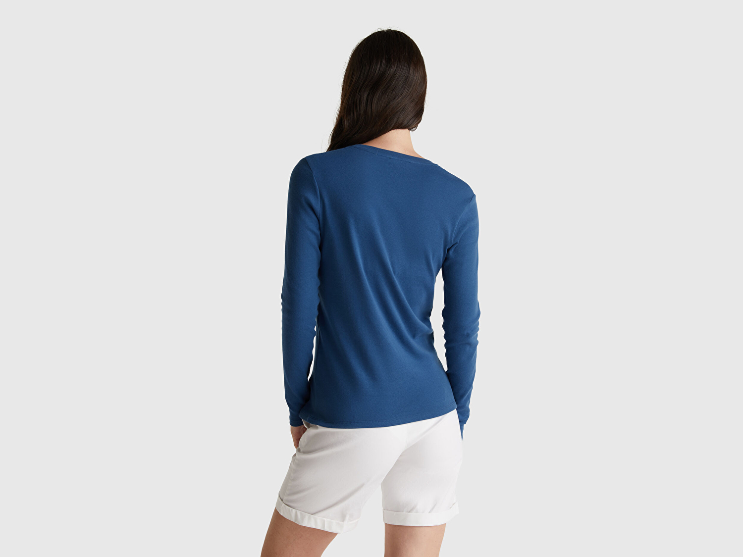 Benetton Kadın İndigo Mavisi Basic V Yaka Uzun Kollu T-Shirt