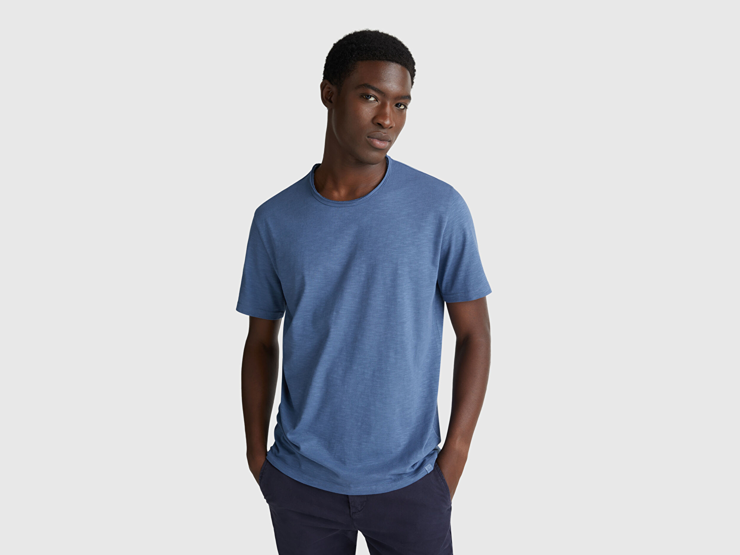 Benetton Erkek Havacı Mavi Bisiklet Yaka Slub T-shirt