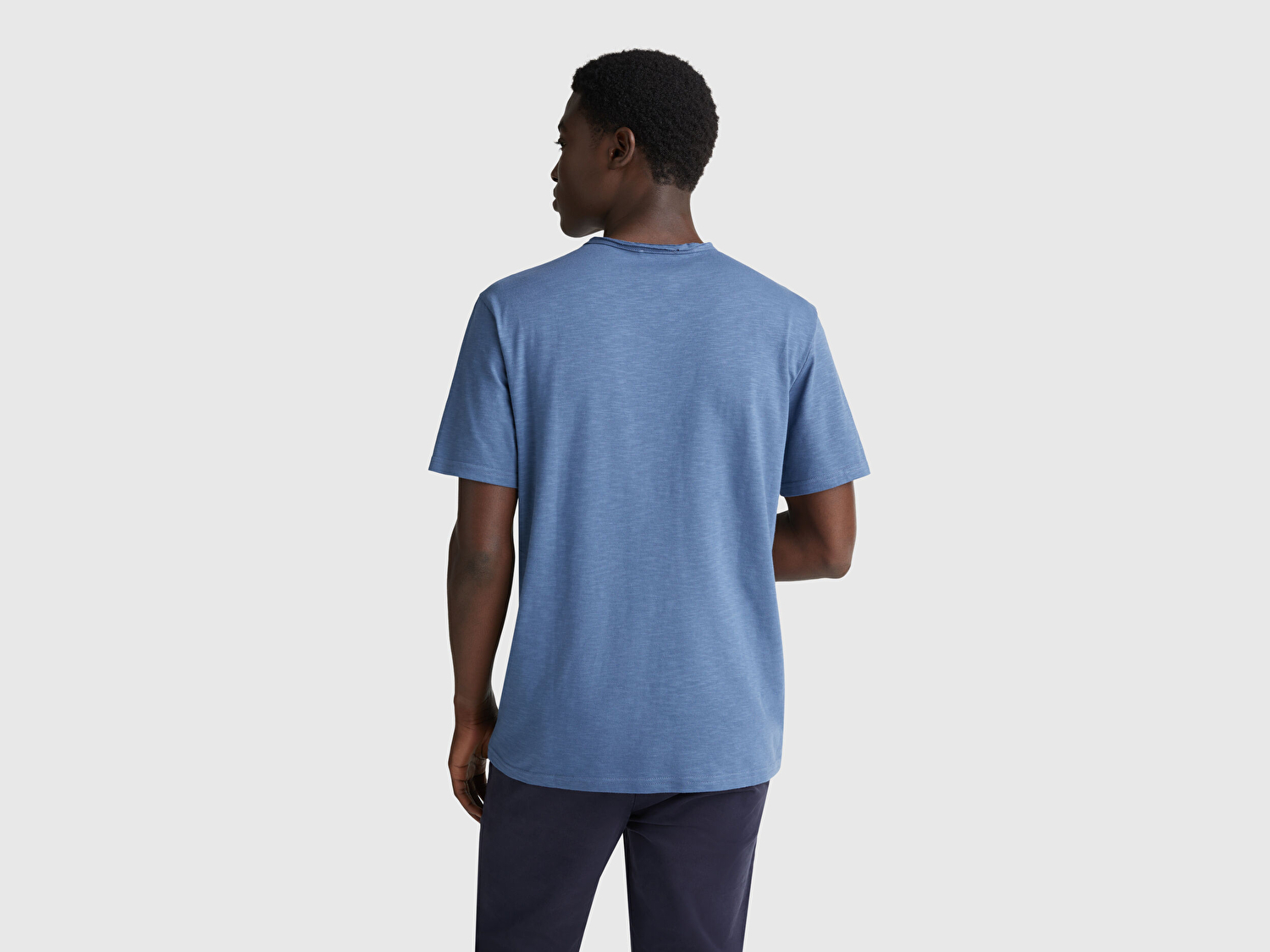 Benetton Erkek Havacı Mavi Bisiklet Yaka Slub T-shirt