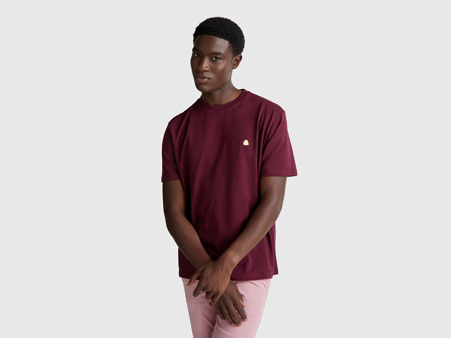 Benetton Erkek Bordo %100 Koton Benetton Logolu Bisiklet Yaka T-Shirt