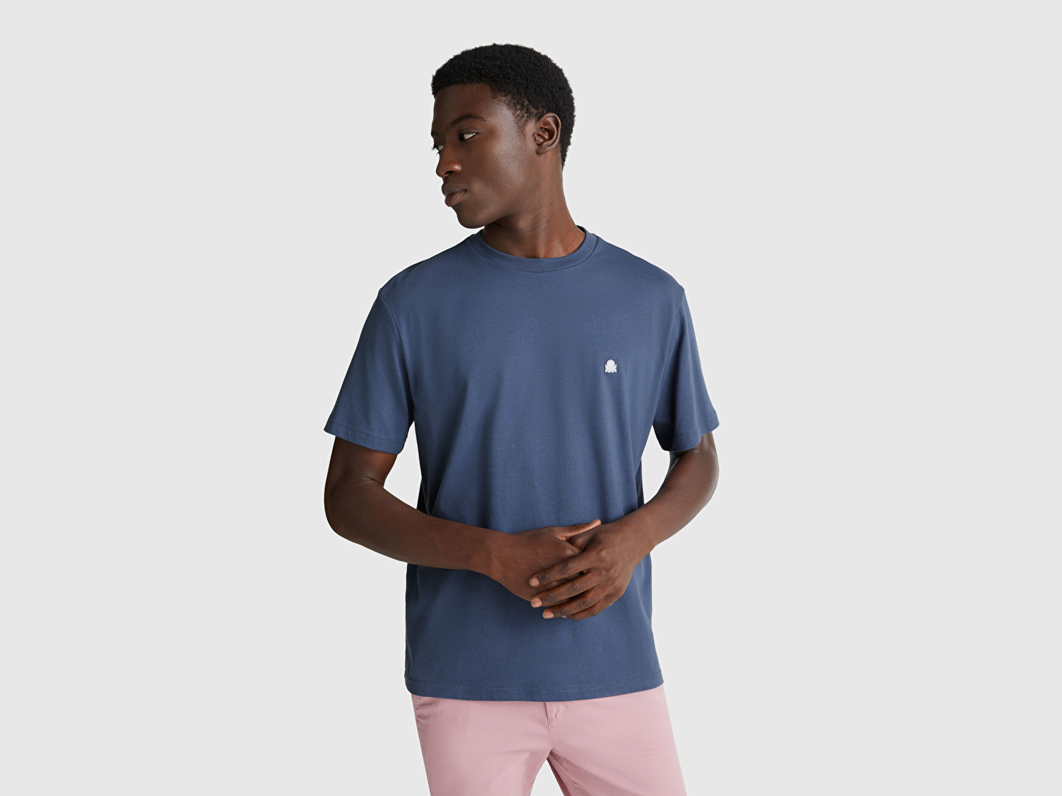 Benetton Erkek Havacı Mavi %100 Koton Benetton Logolu Bisiklet Yaka T-Shirt