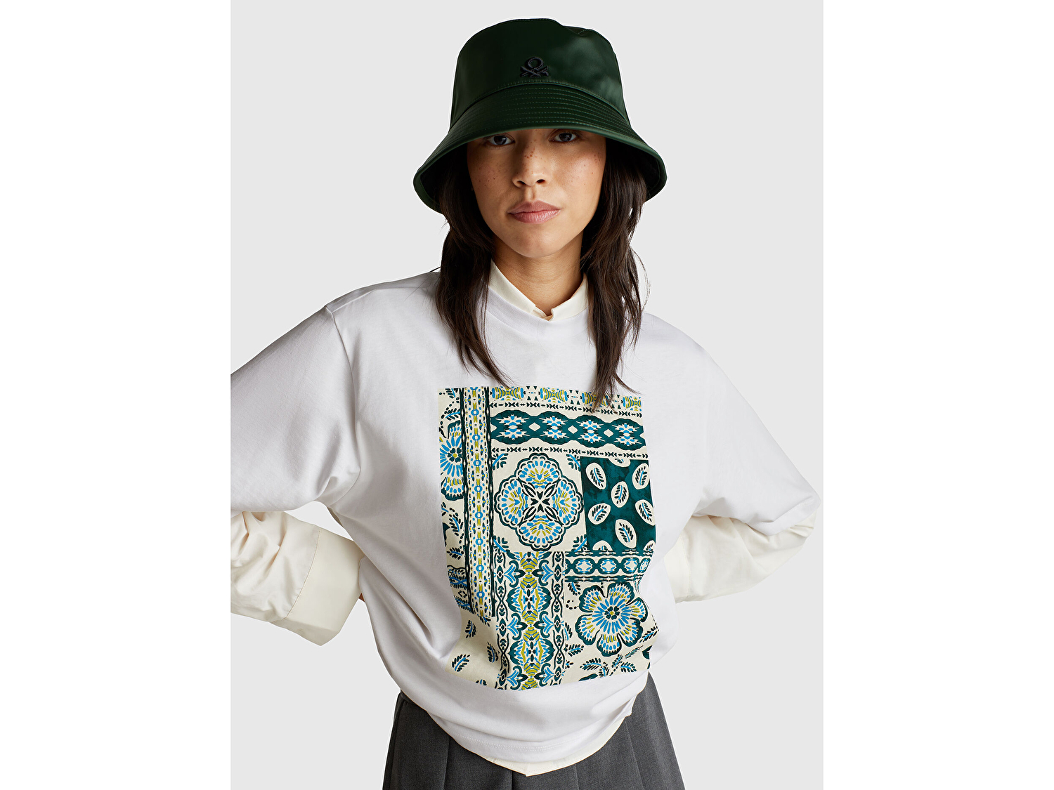 Benetton Kadın Beyaz Koton Karışımlı Baskılı T-Shirt