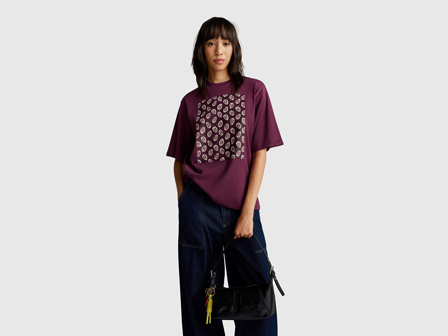Benetton Kadın Mürdüm Koton Karışımlı Baskılı T-Shirt