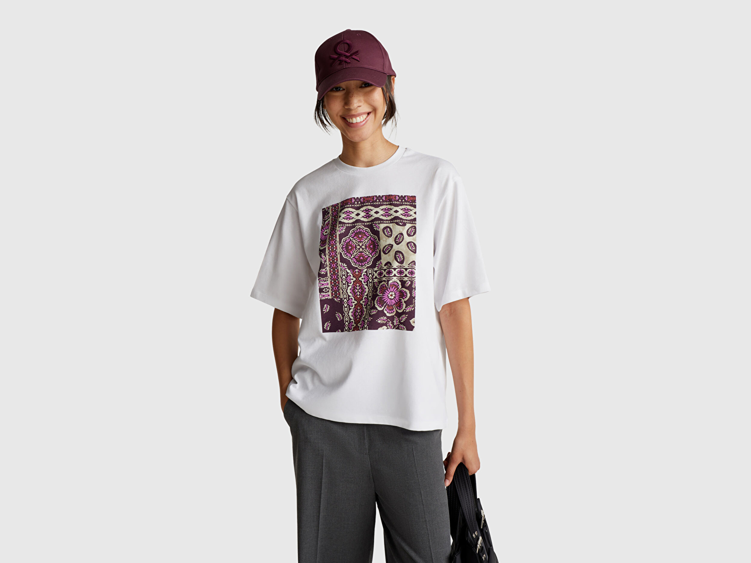 Benetton Kadın Mürdüm Mix Koton Karışımlı Baskılı T-Shirt