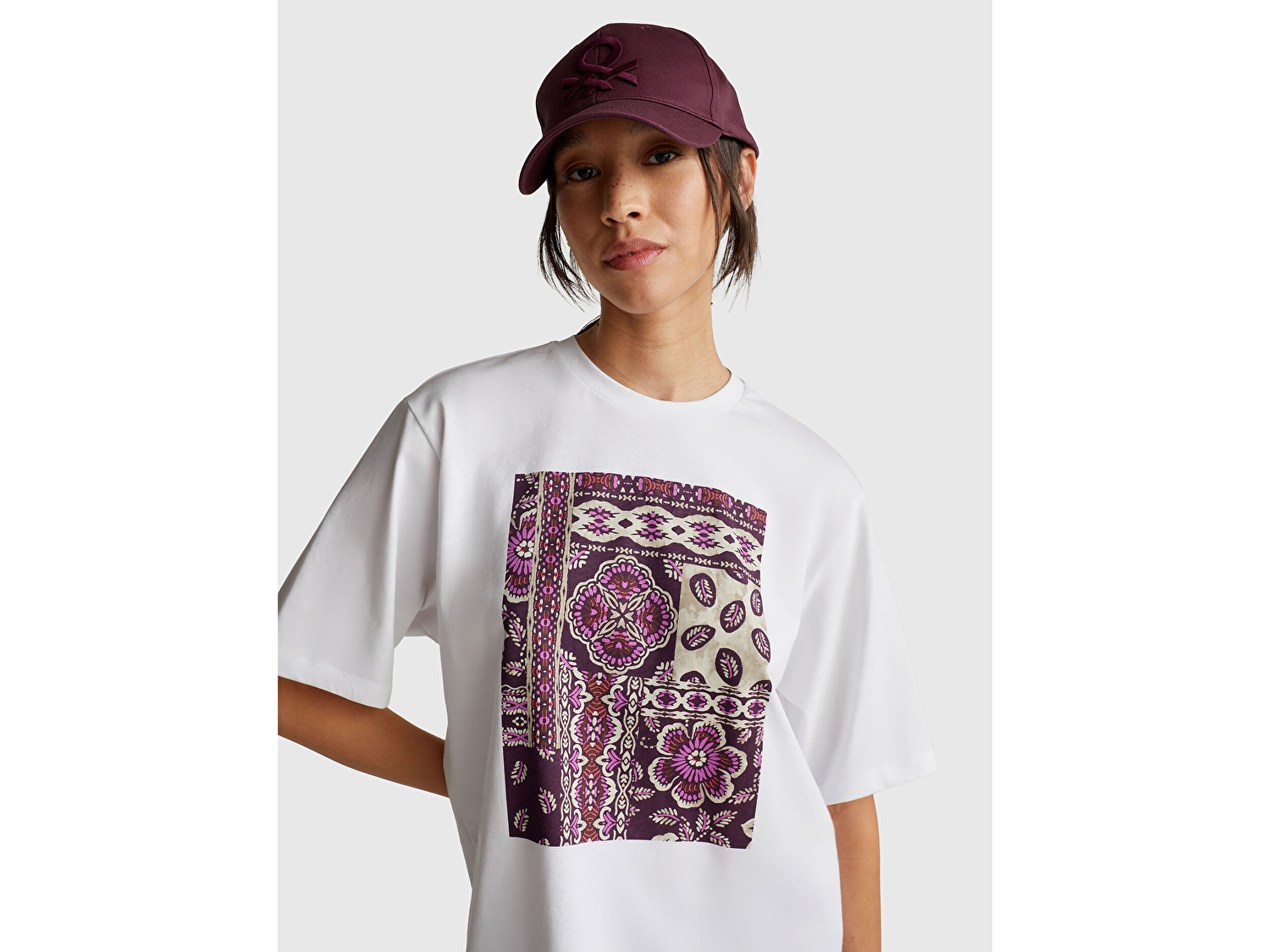 Benetton Kadın Mürdüm Mix Koton Karışımlı Baskılı T-Shirt