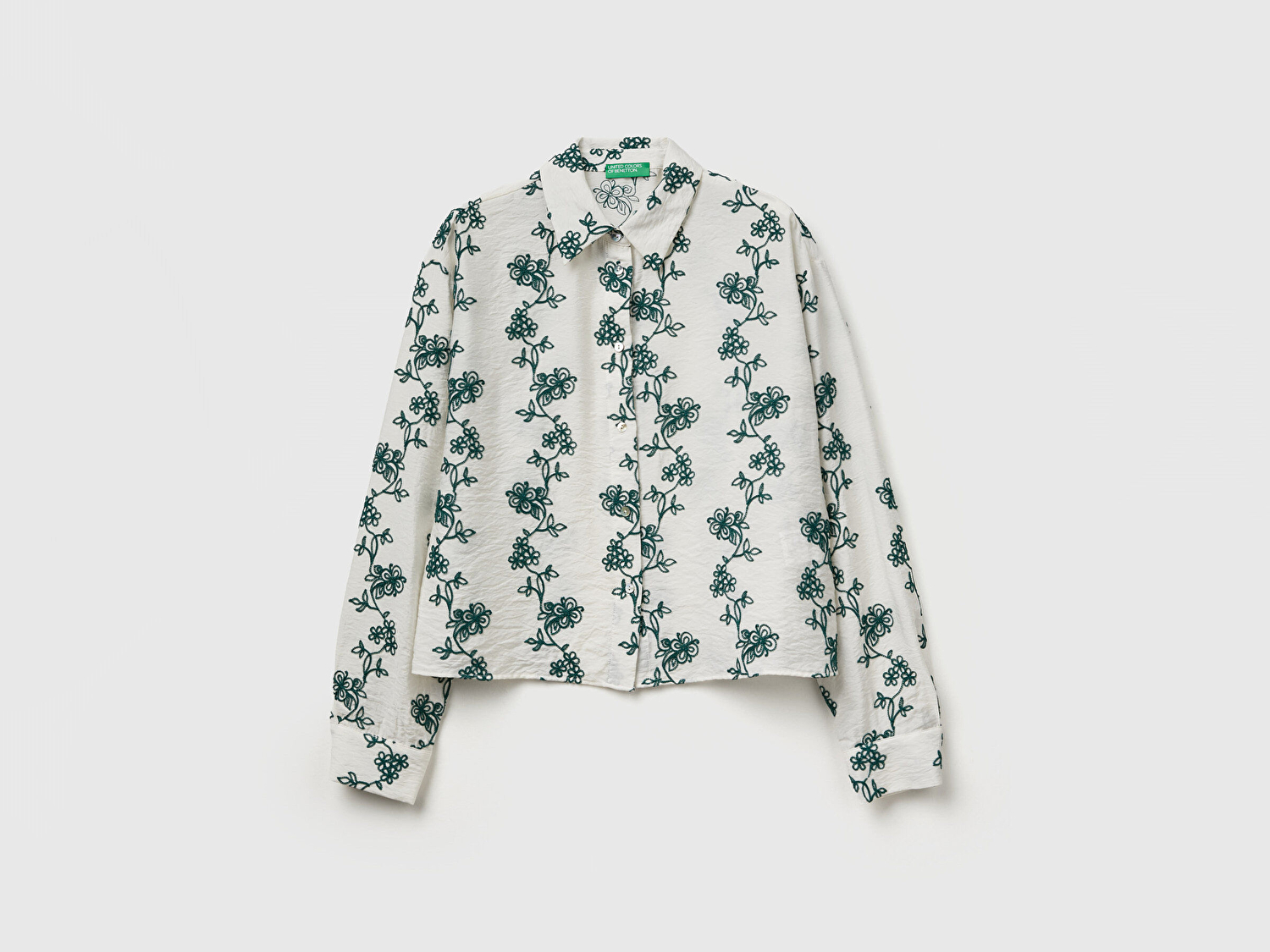 Benetton Kadın Ekru-Yeşil Viskoz Karışımlı Çiçek Desenli Boxy Fit Gömlek