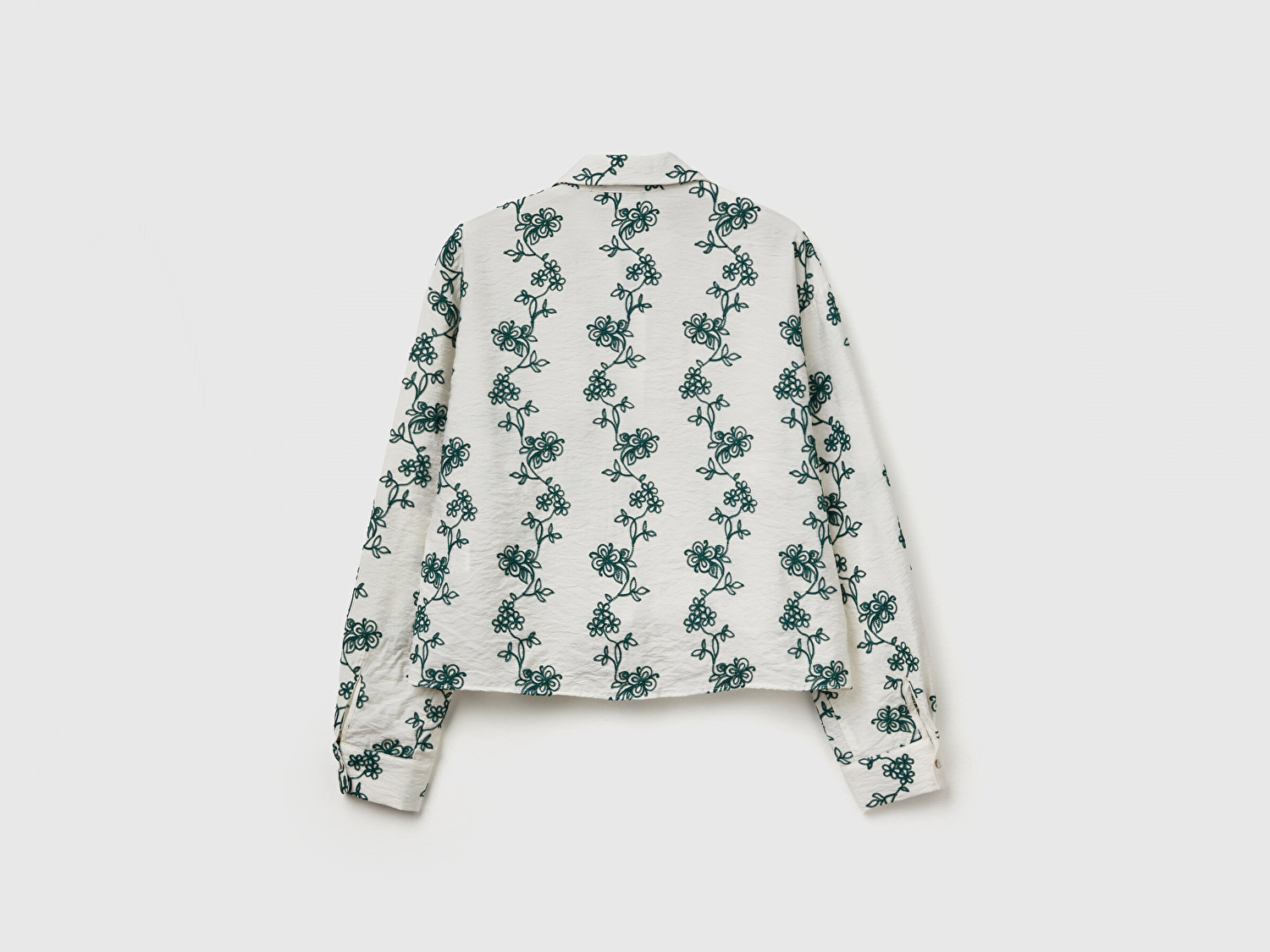 Benetton Kadın Ekru-Yeşil Viskoz Karışımlı Çiçek Desenli Boxy Fit Gömlek